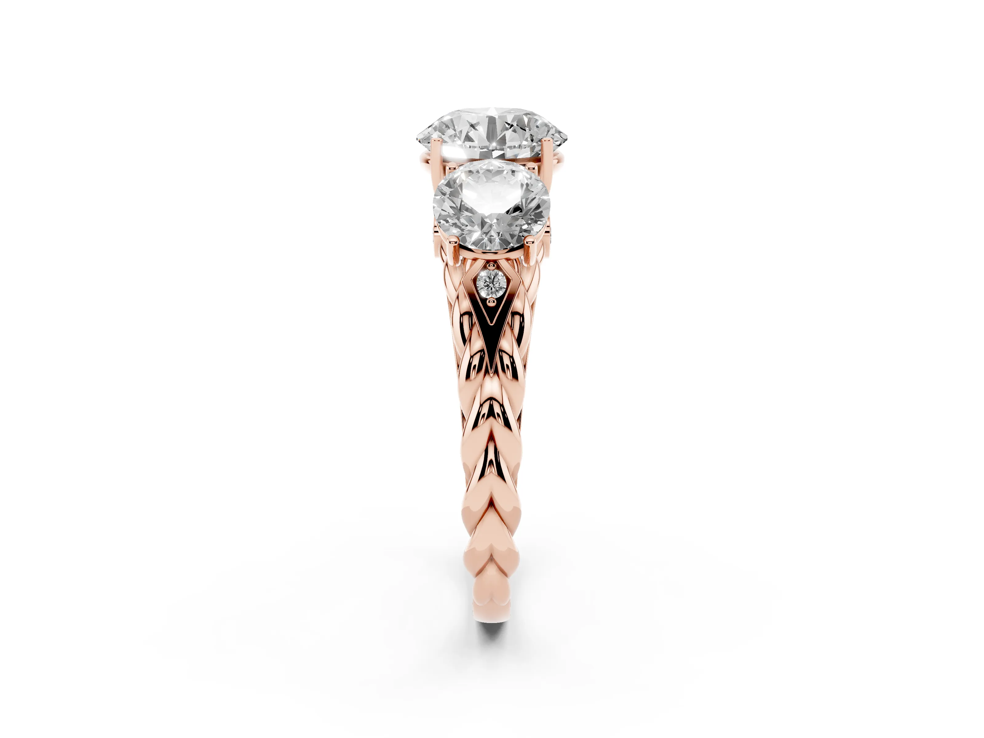 Round Cut Diamond Three-Stone Ring Set in Rose gold with Braided Band