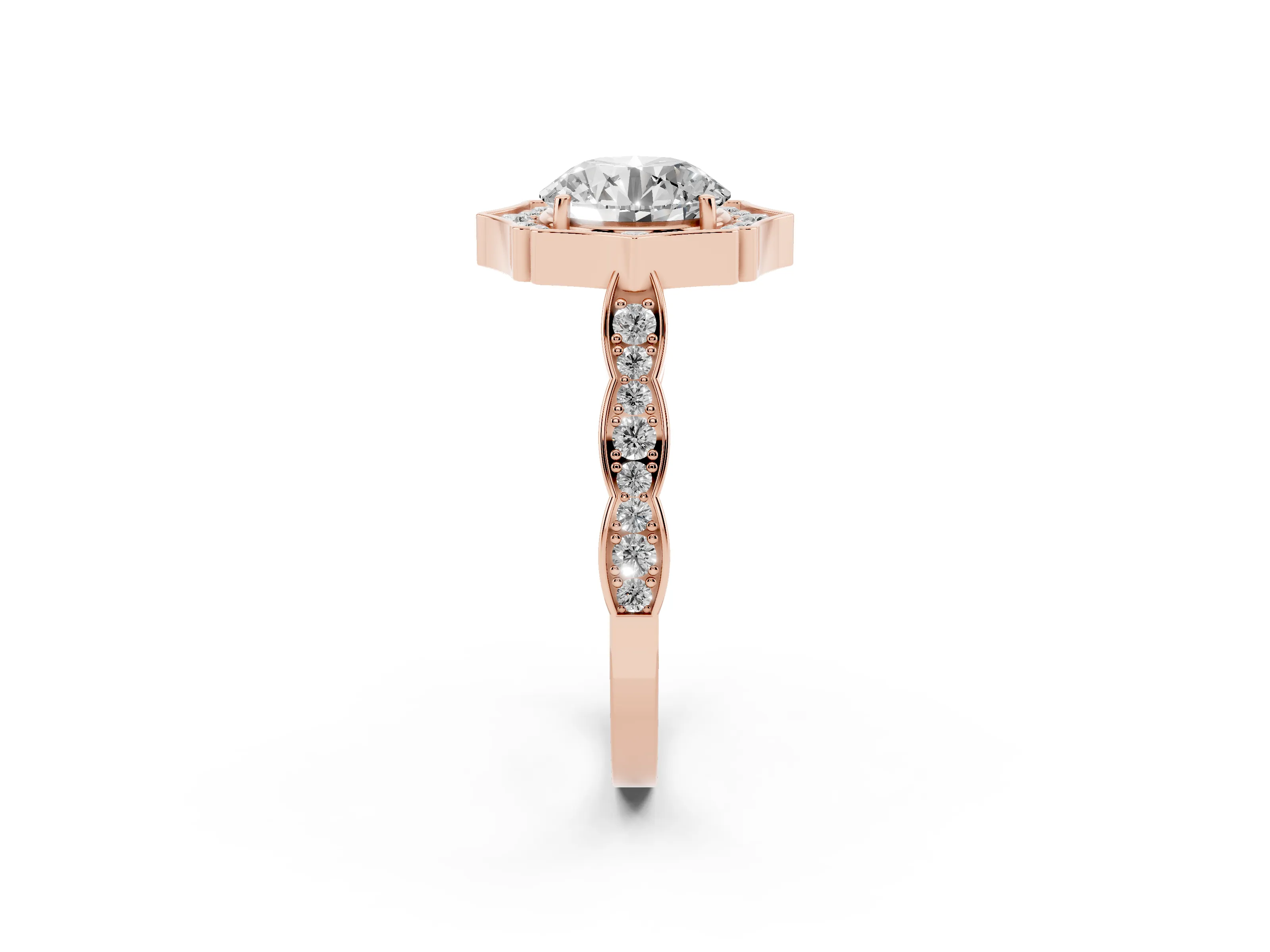 Round Cut Diamond Halo Engagement Ring Set in Rose gold with Milgrain Band and Prong Setting