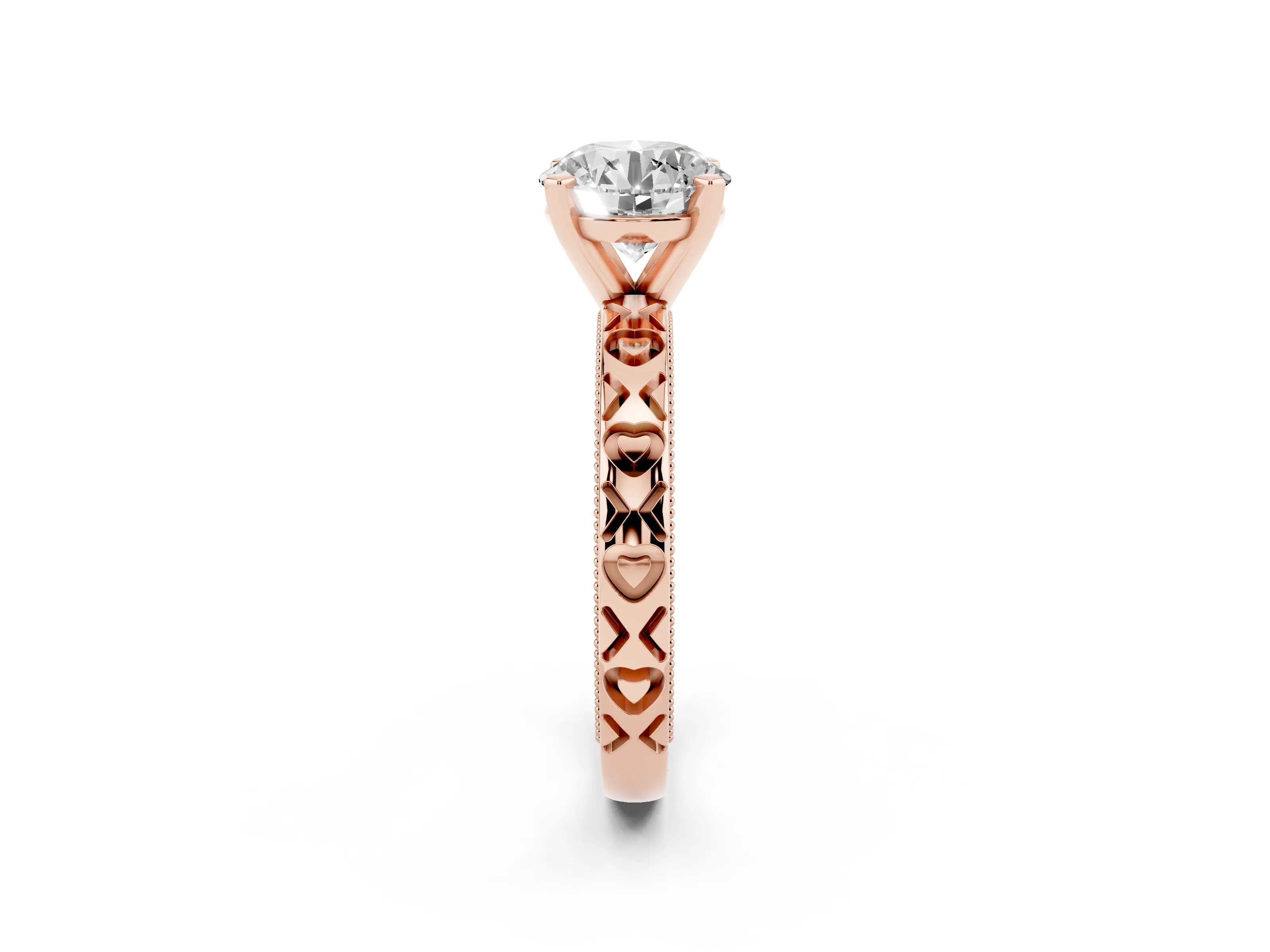 Round Cut Diamond Solitaire Engagement Ring Set in Rose gold with XO Engraved Band and Prong Setting