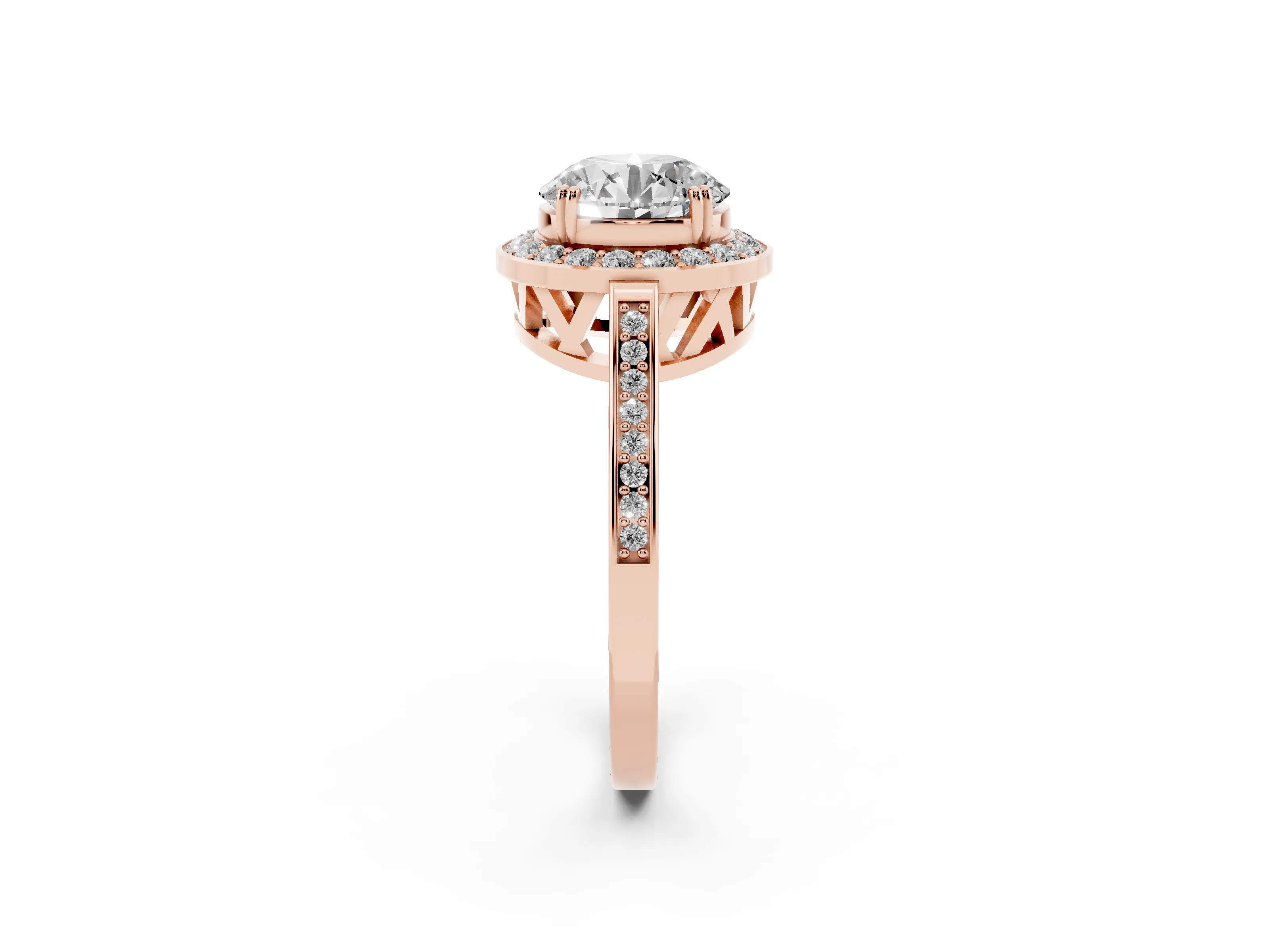 Round Cut Diamond Halo Ring Set in Rose gold with Accent-Lined Split Shank and Prong Setting