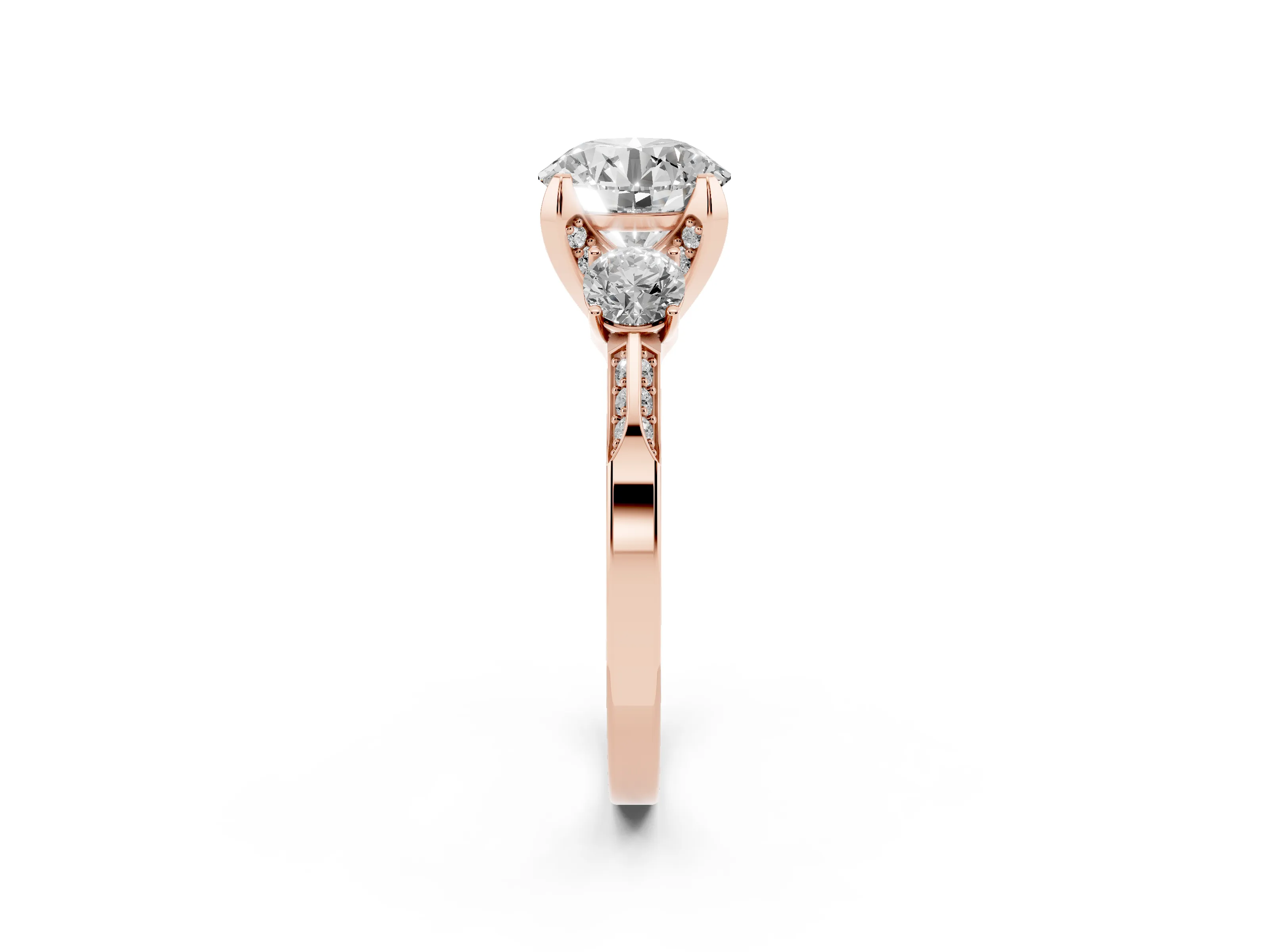 Round Cut Diamond Three-Stone Ring Set in Rose gold with Pavé Band and Smaller Side Stones