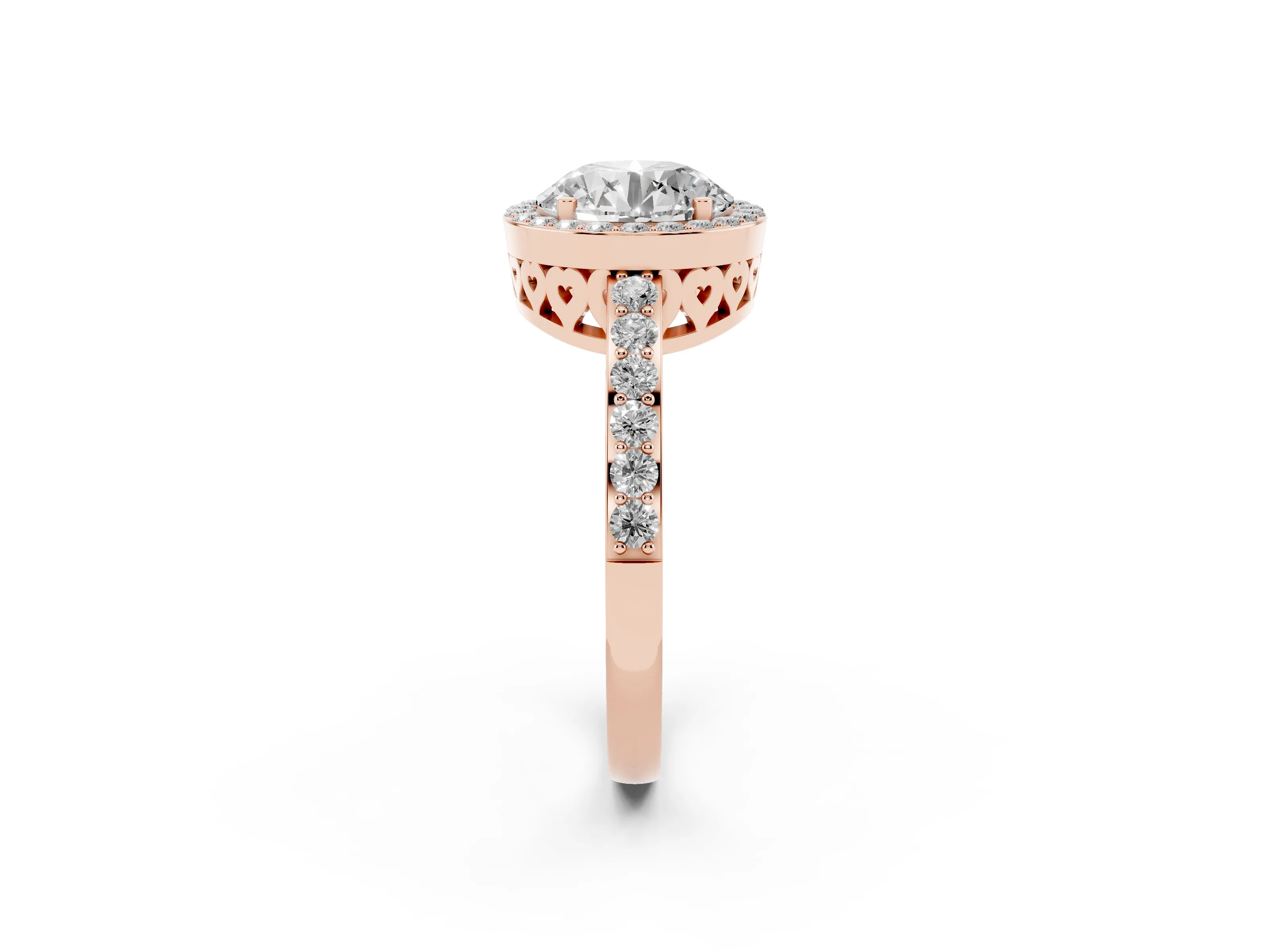 Round Cut Diamond Halo Ring Set in Rose gold with Pavé-Setting Band and Open Prong Center