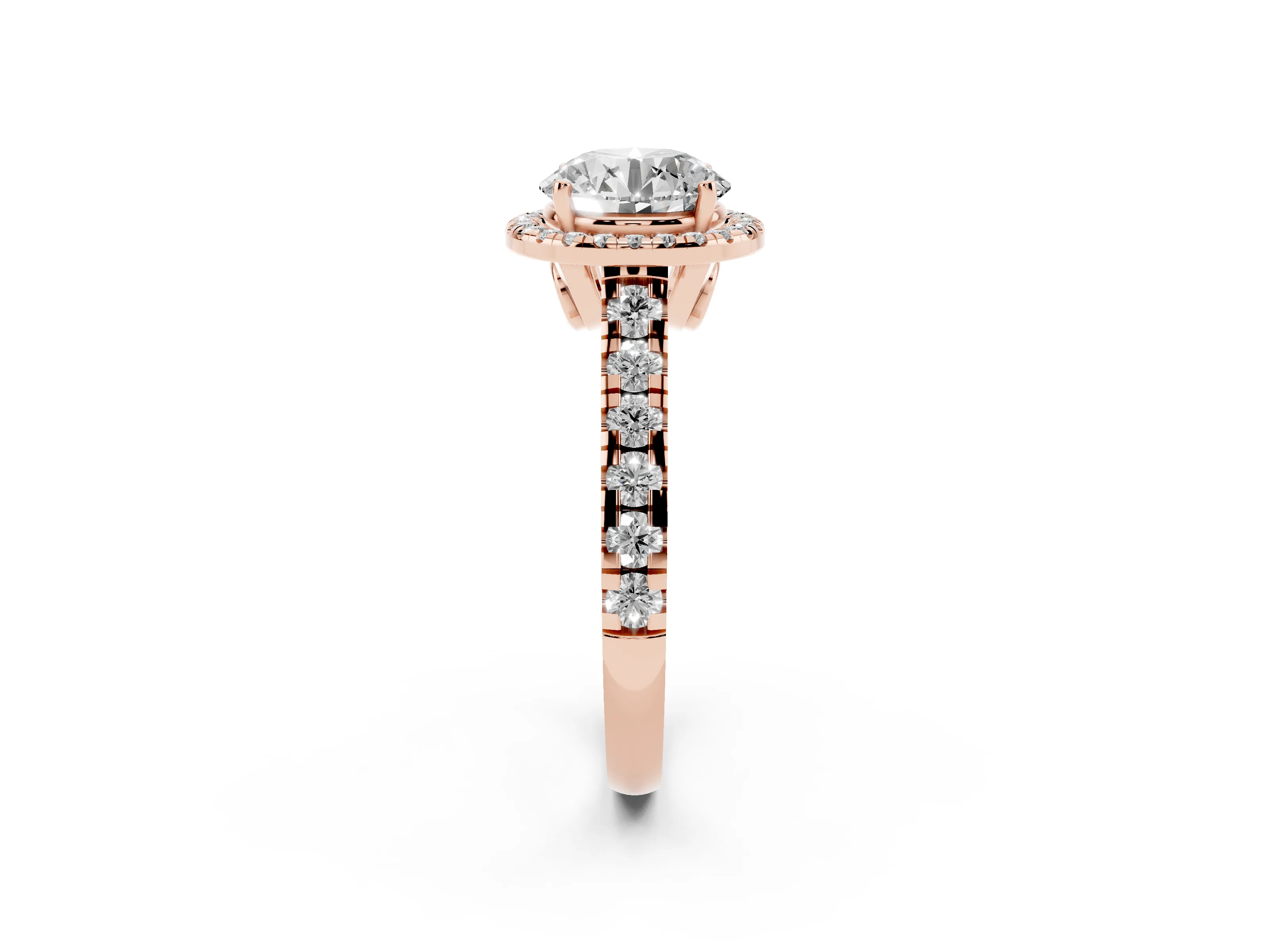 Round Cut Diamond Halo Engagement Ring Set in Rose gold with Pavé Band and Prong-Set Center