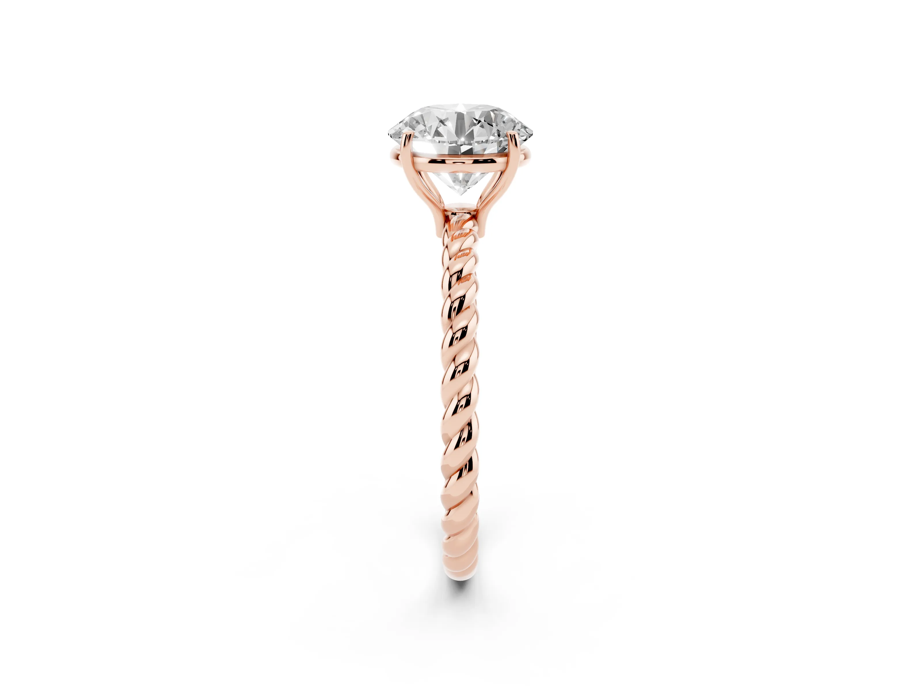 Round Cut Diamond Solitaire Ring Set in Rose gold with Twist Band and Prong Setting