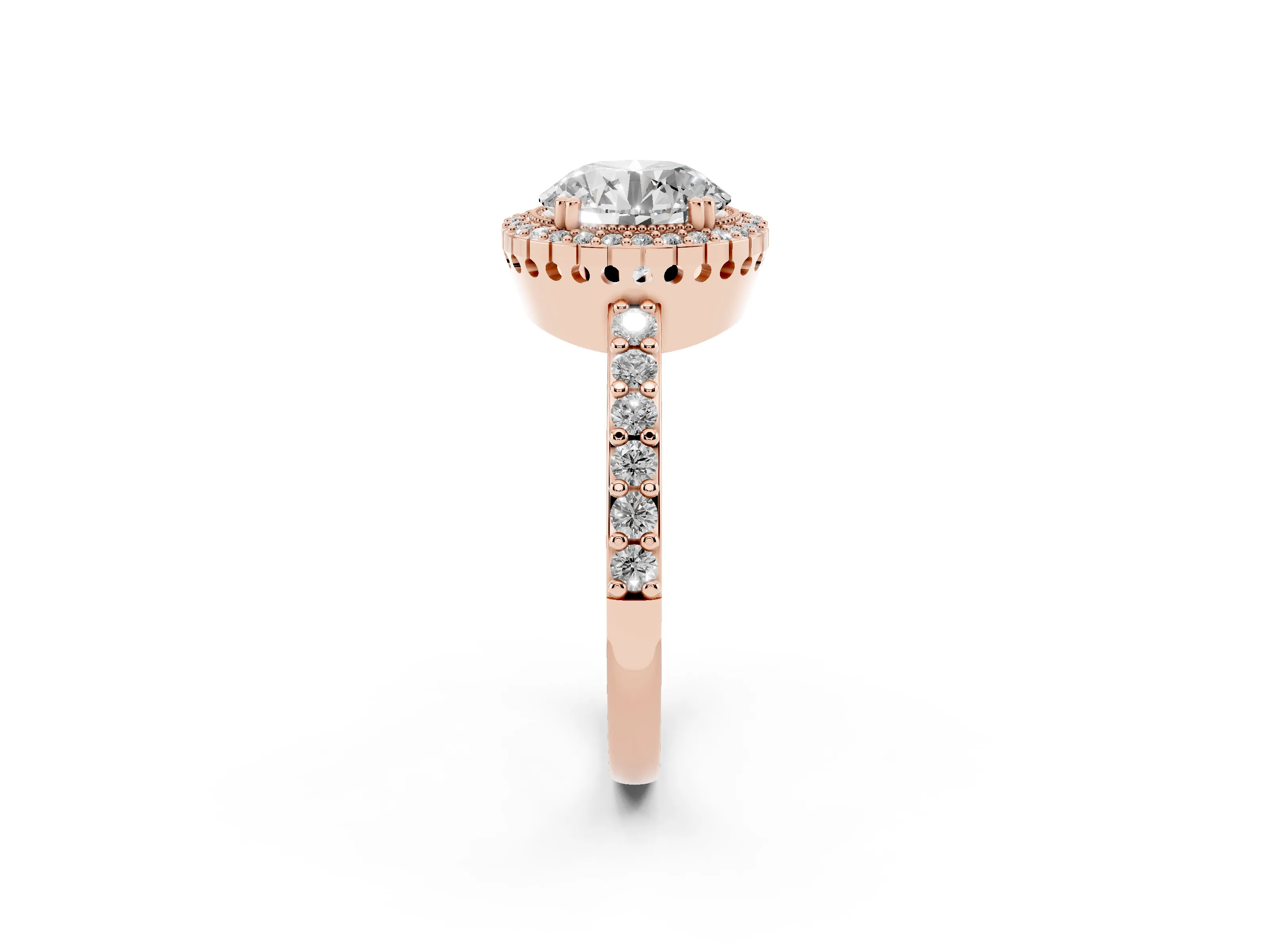 Round Cut Diamond Halo Engagement Ring Set in Rose gold with Milgrain Detail and Pavé Band