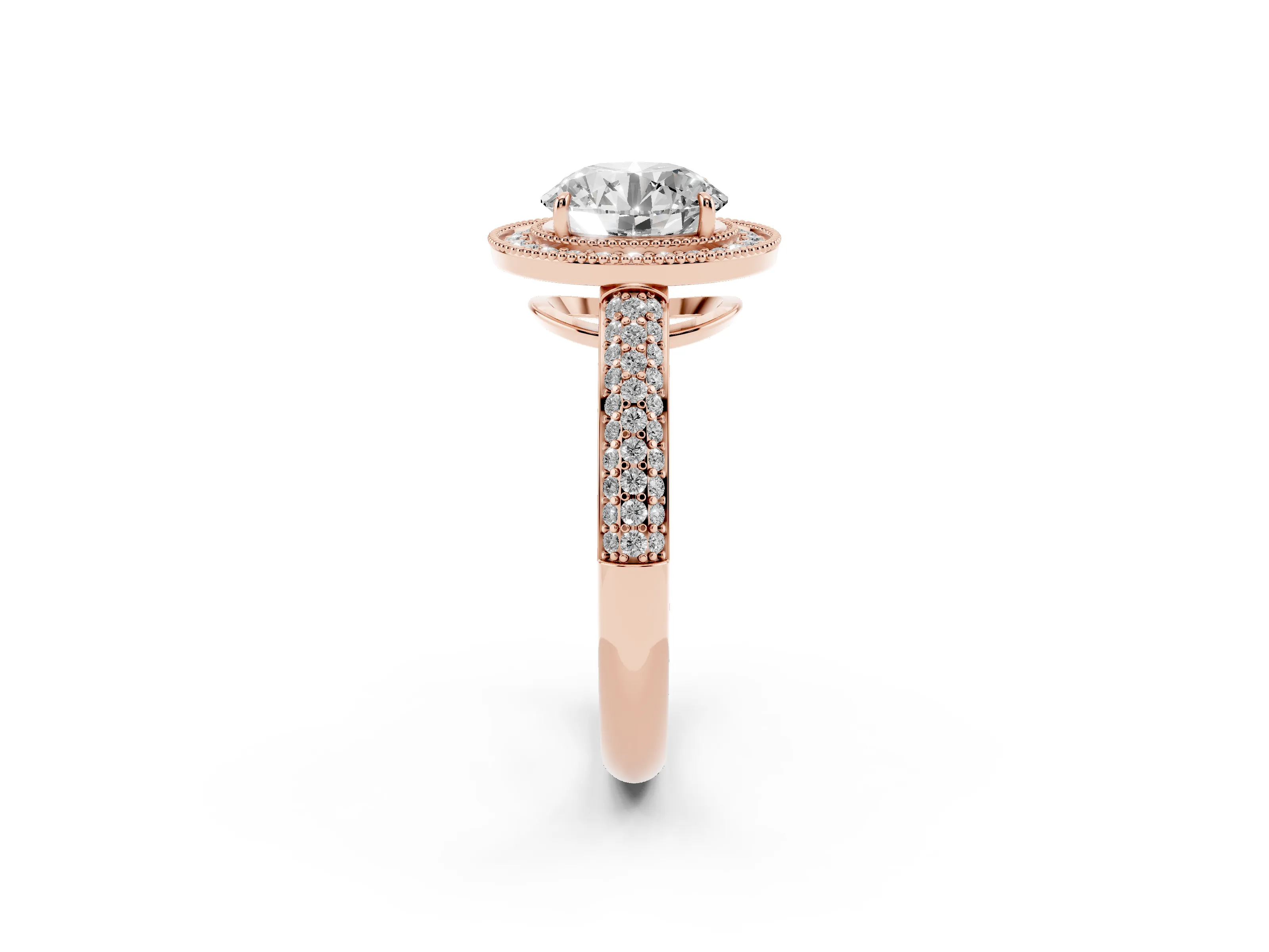 Round Cut Diamond Halo Pavé Band Set in Rose gold with Prong Setting