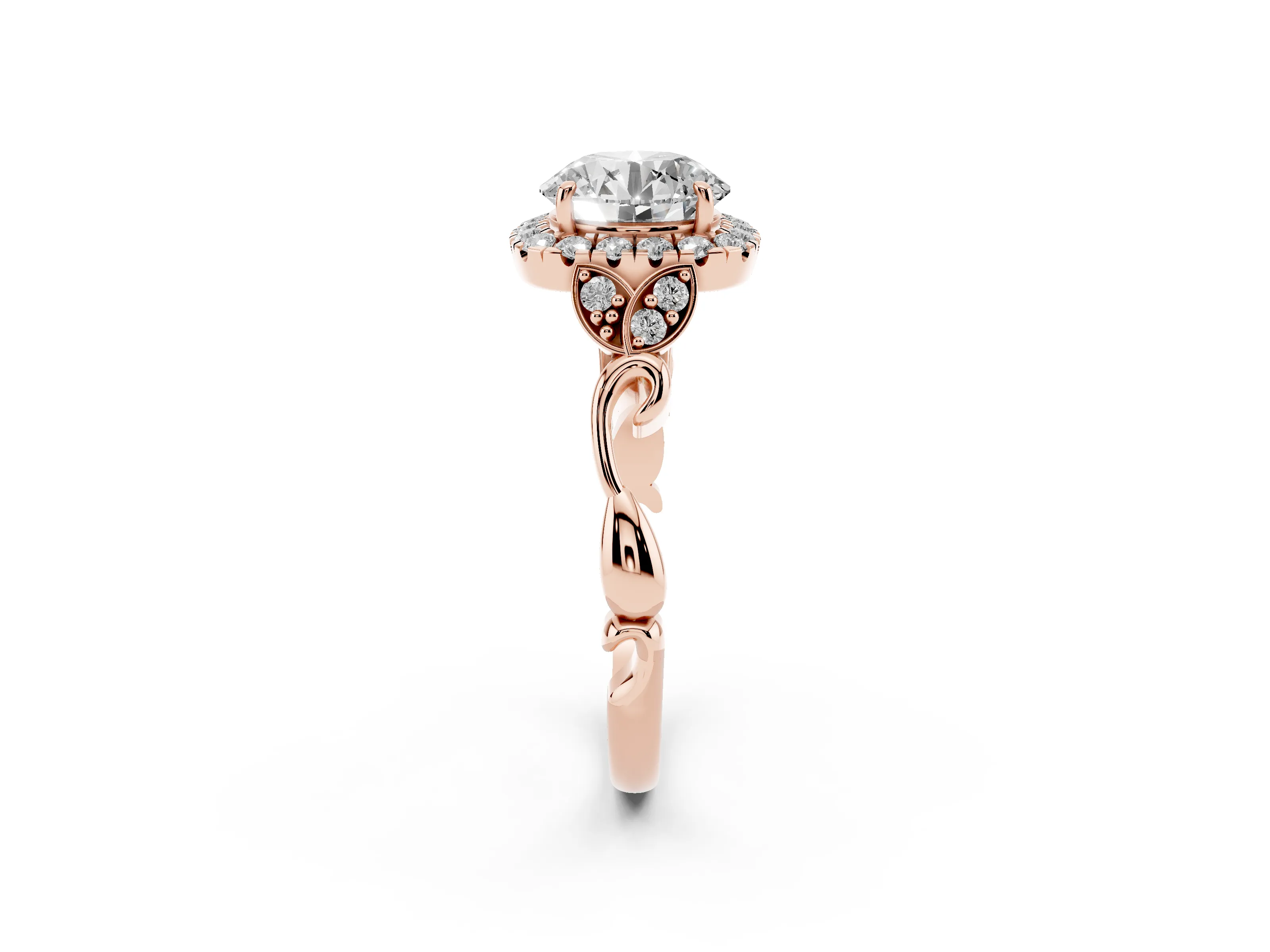 Round Cut Diamond Halo Engagement Ring Set in Rose gold with Vintage-Inspired Band and Prong Setting