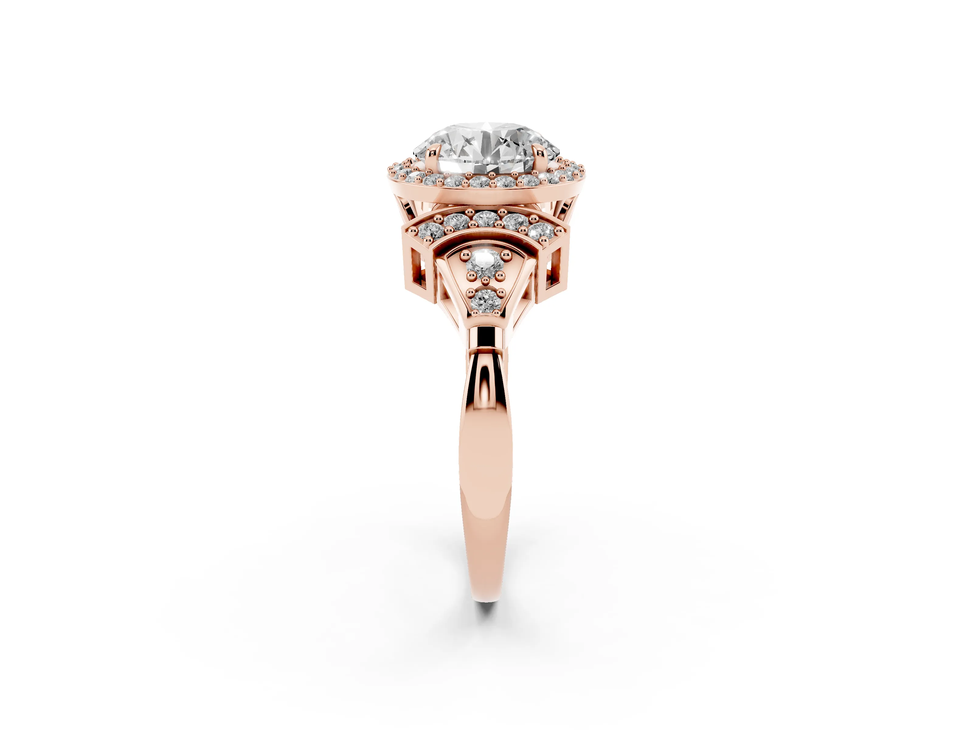 Round Cut Diamond Halo Engagement Ring Set in Rose gold with Accent Stone Split Shank
