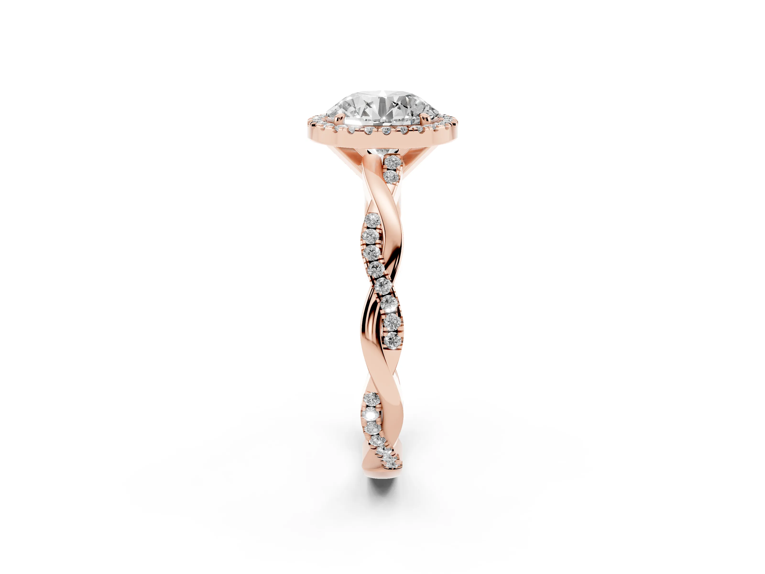 Round Cut Diamond Halo Twisted Band Ring Set in Rose gold with Prong Setting