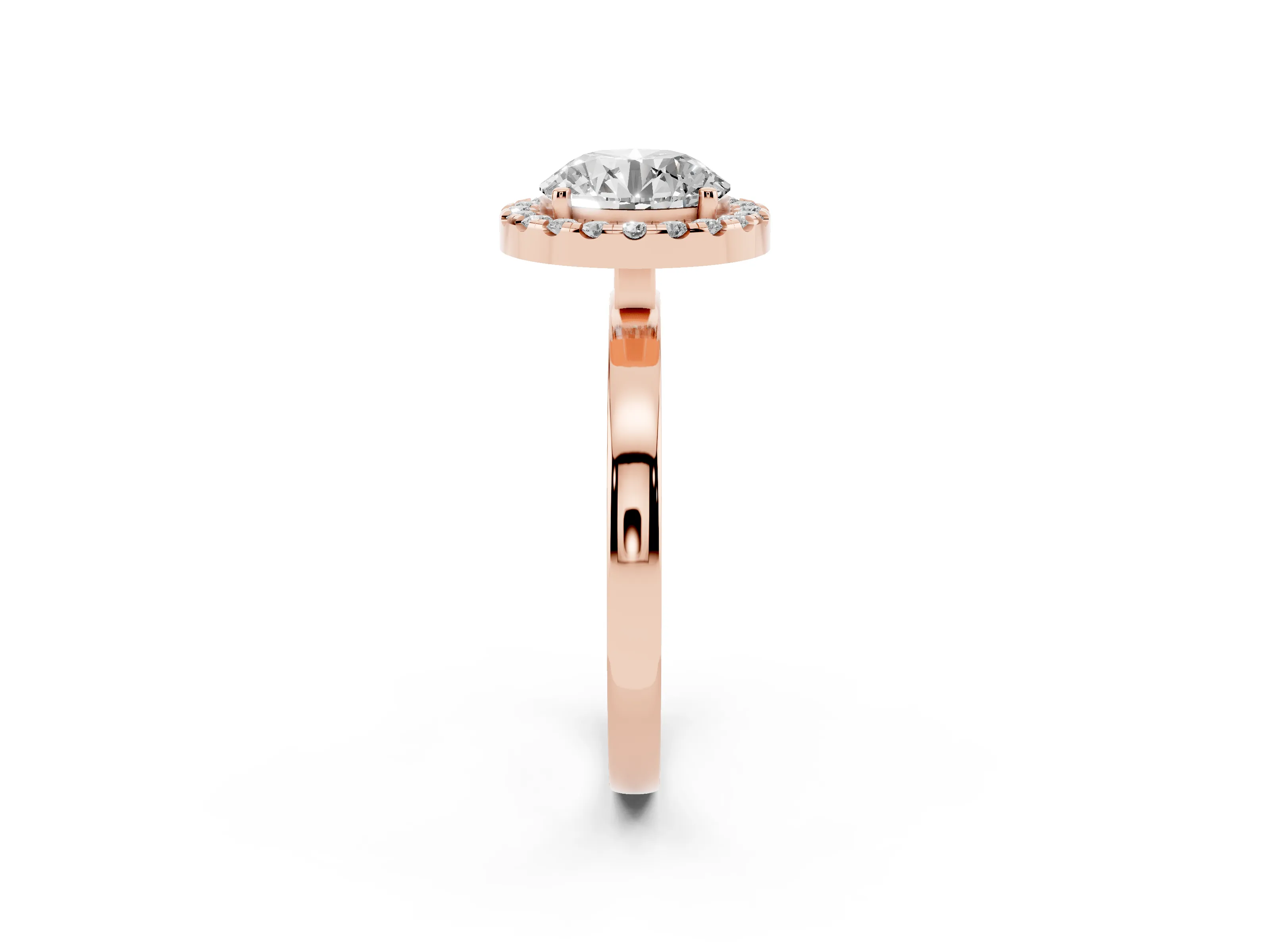 Round Cut Diamond Halo Solitaire Ring Set in Rose gold with Pavé Band and Prong Setting