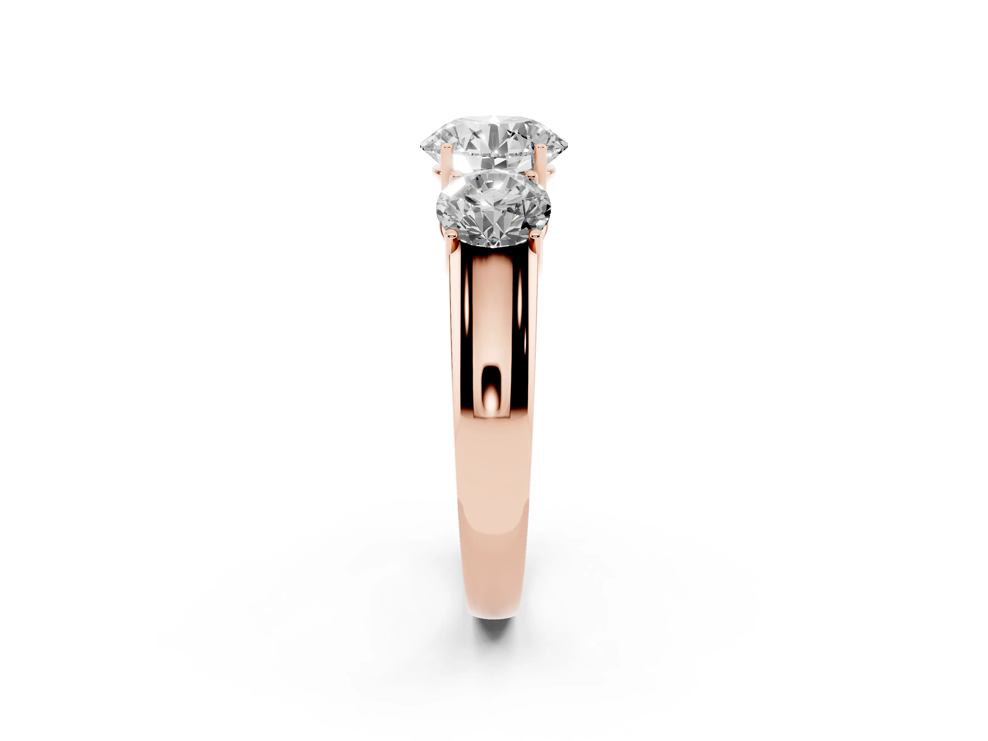 Three-Stone Round Cut Diamond Ring Set in Rose gold with Matching Prong Settings and Plain Band