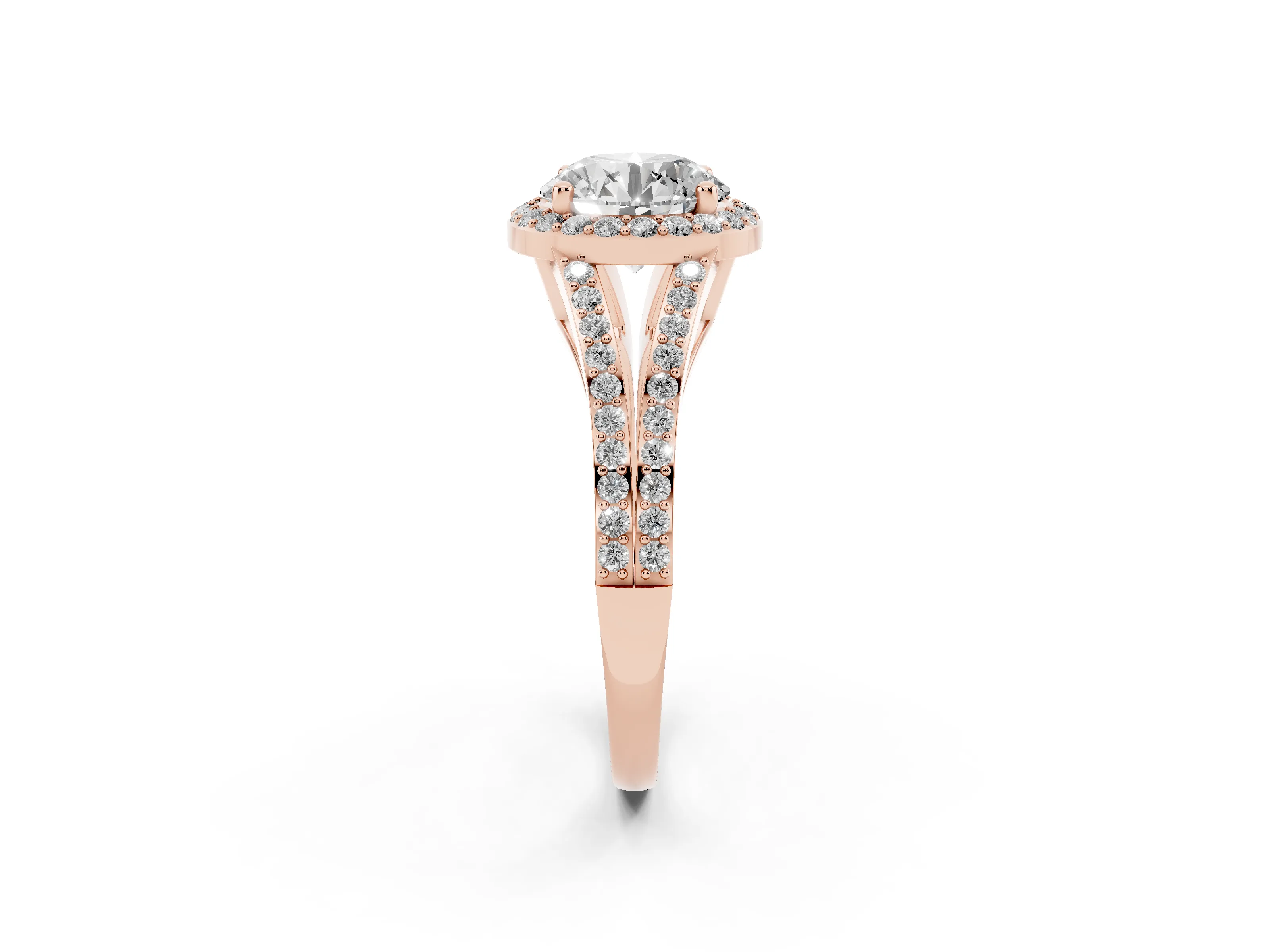 Round Cut Diamond Halo Split Shank Pavé Ring Set in Rose gold with Prong Setting