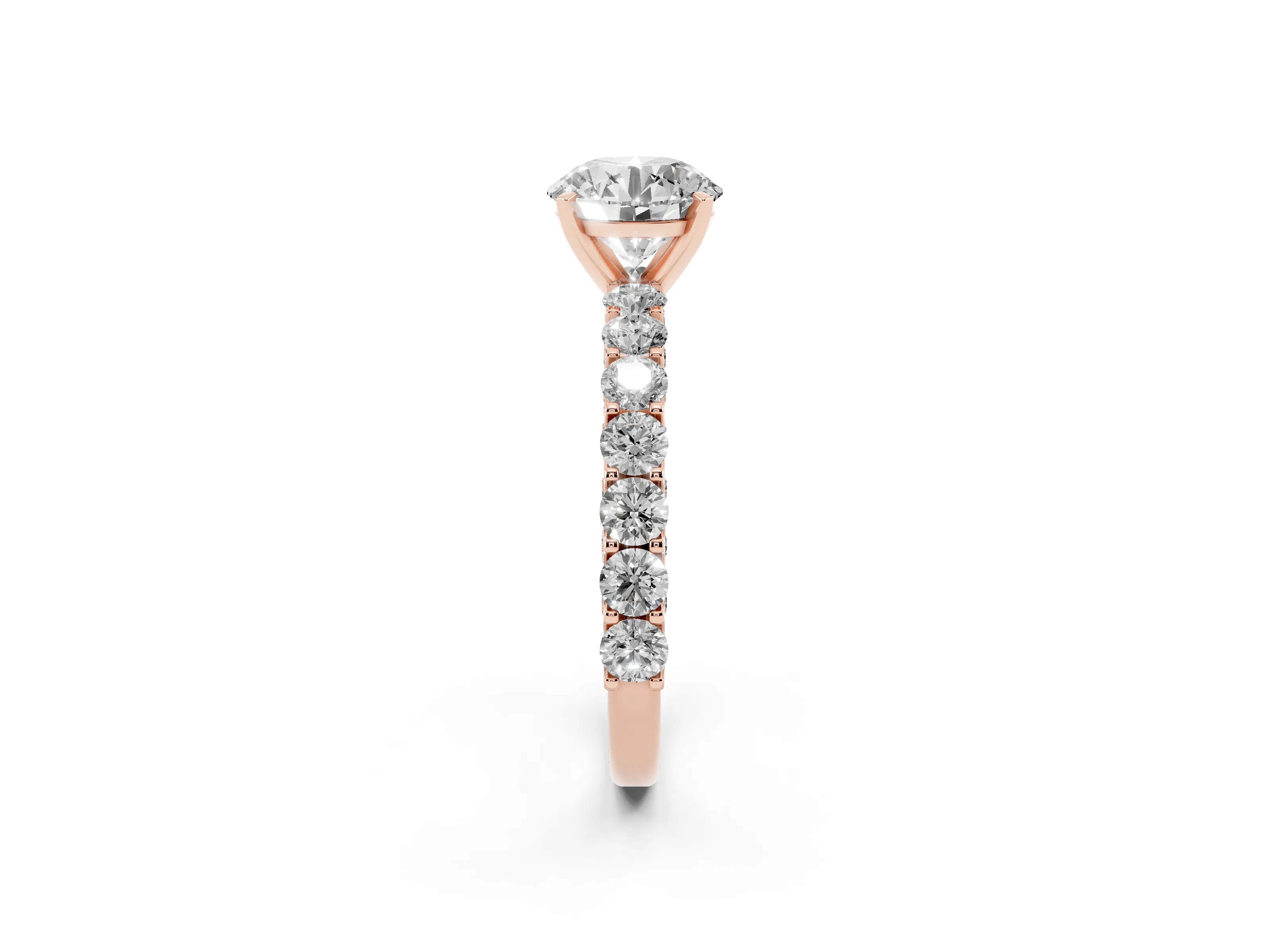 Round Cut Diamond Solitaire Ring Set in Rose gold with Shared Prong Pavé Band