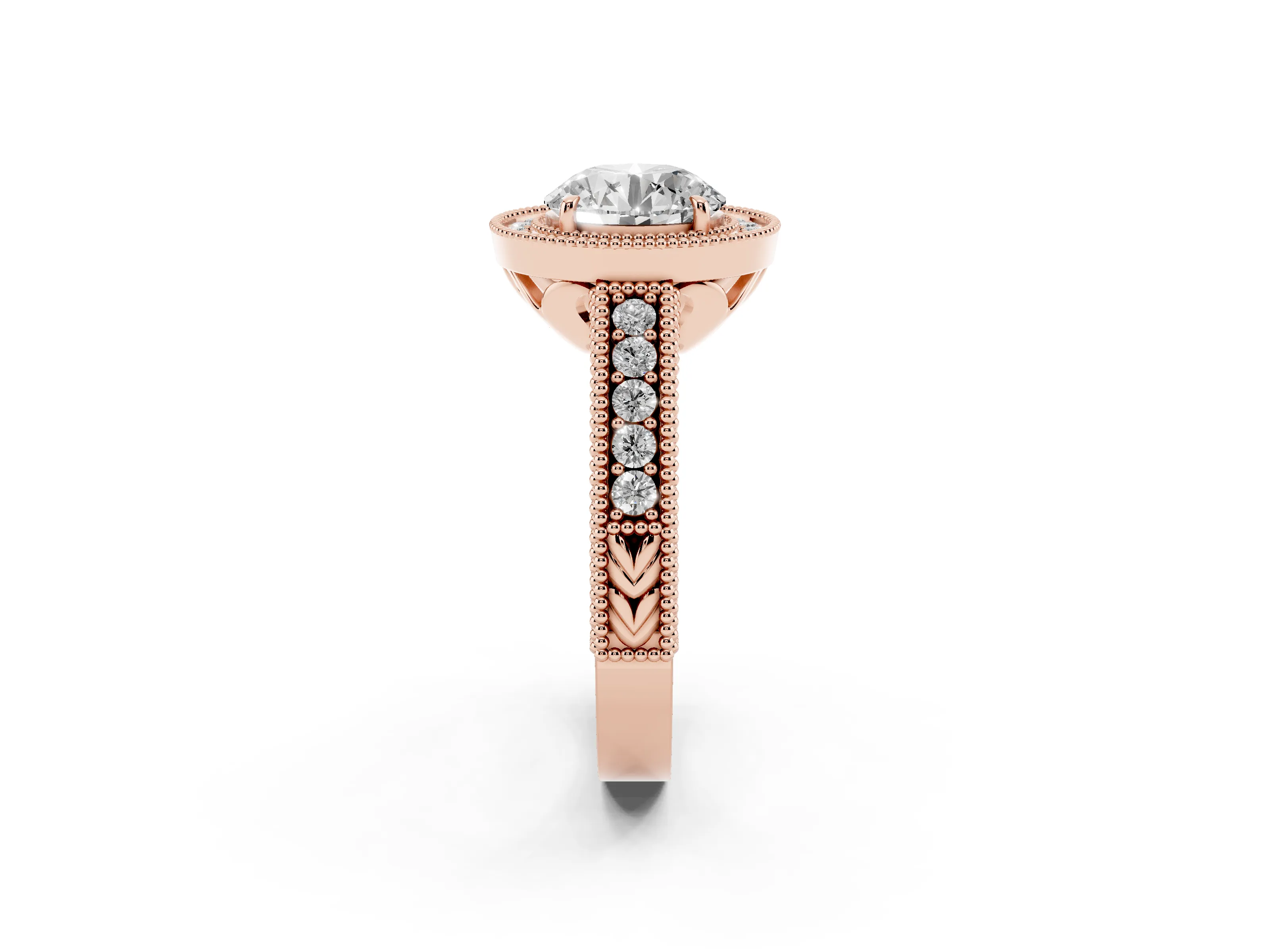 Round Cut Diamond Halo Ring Set in Rose gold with Round Accent Halo, Pavé Band and Prong Setting