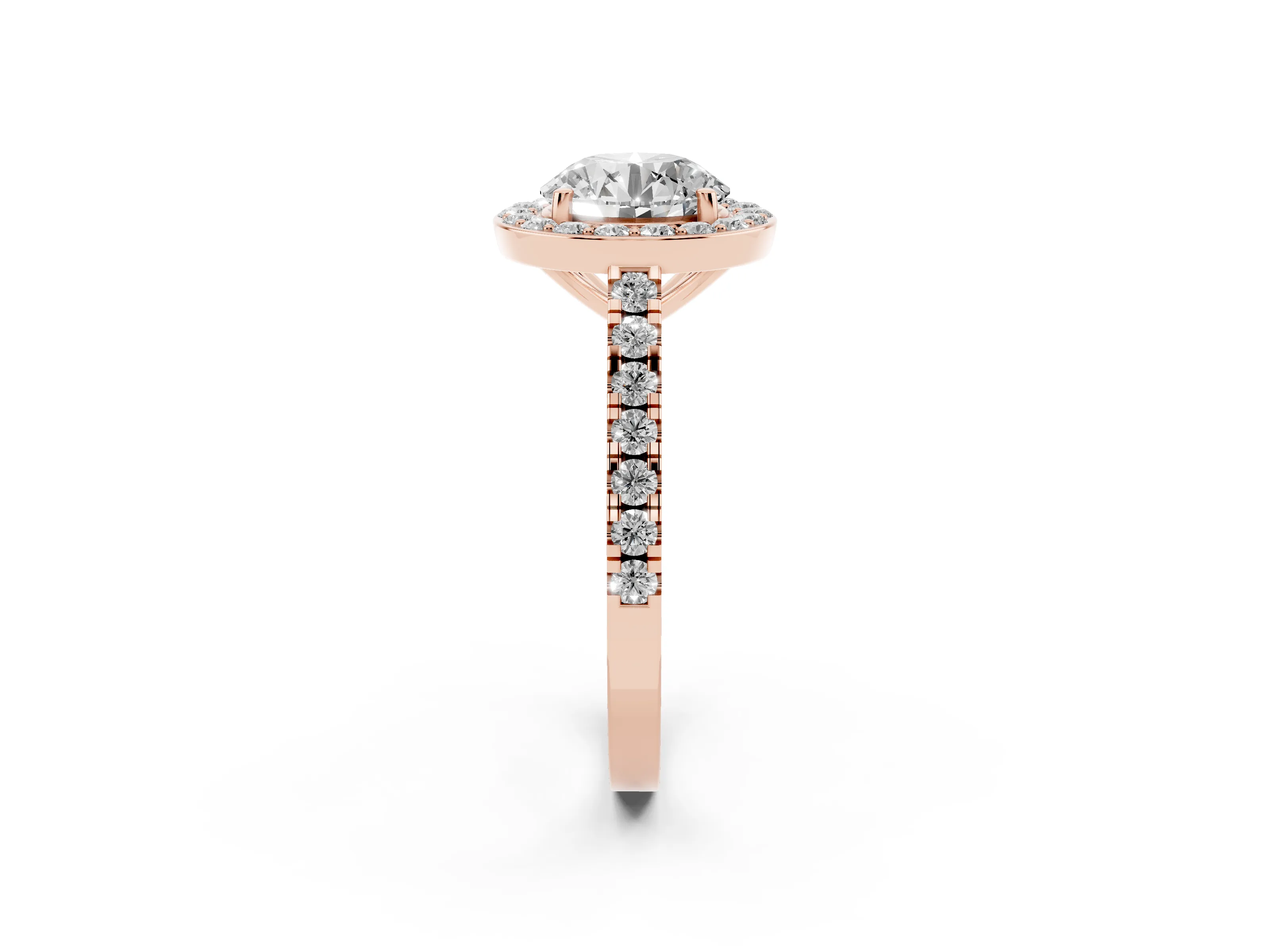 Round Cut Diamond Halo Ring Set in Rose gold with Round Pavé Split Shank and Prong Setting