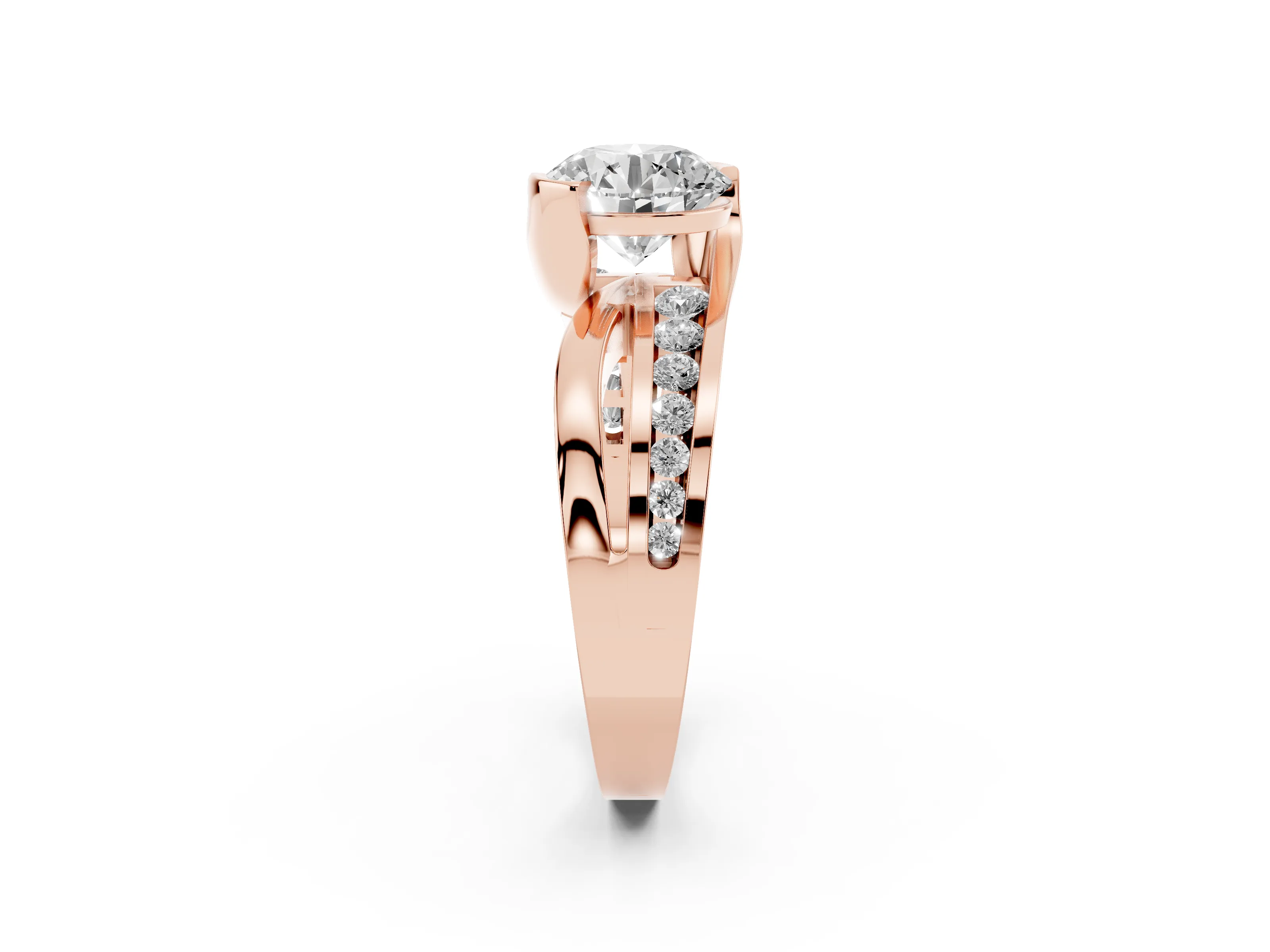 Round Cut Diamond Solitaire Ring Set in Rose gold with Channel Set Split Shank and Tension Prongs