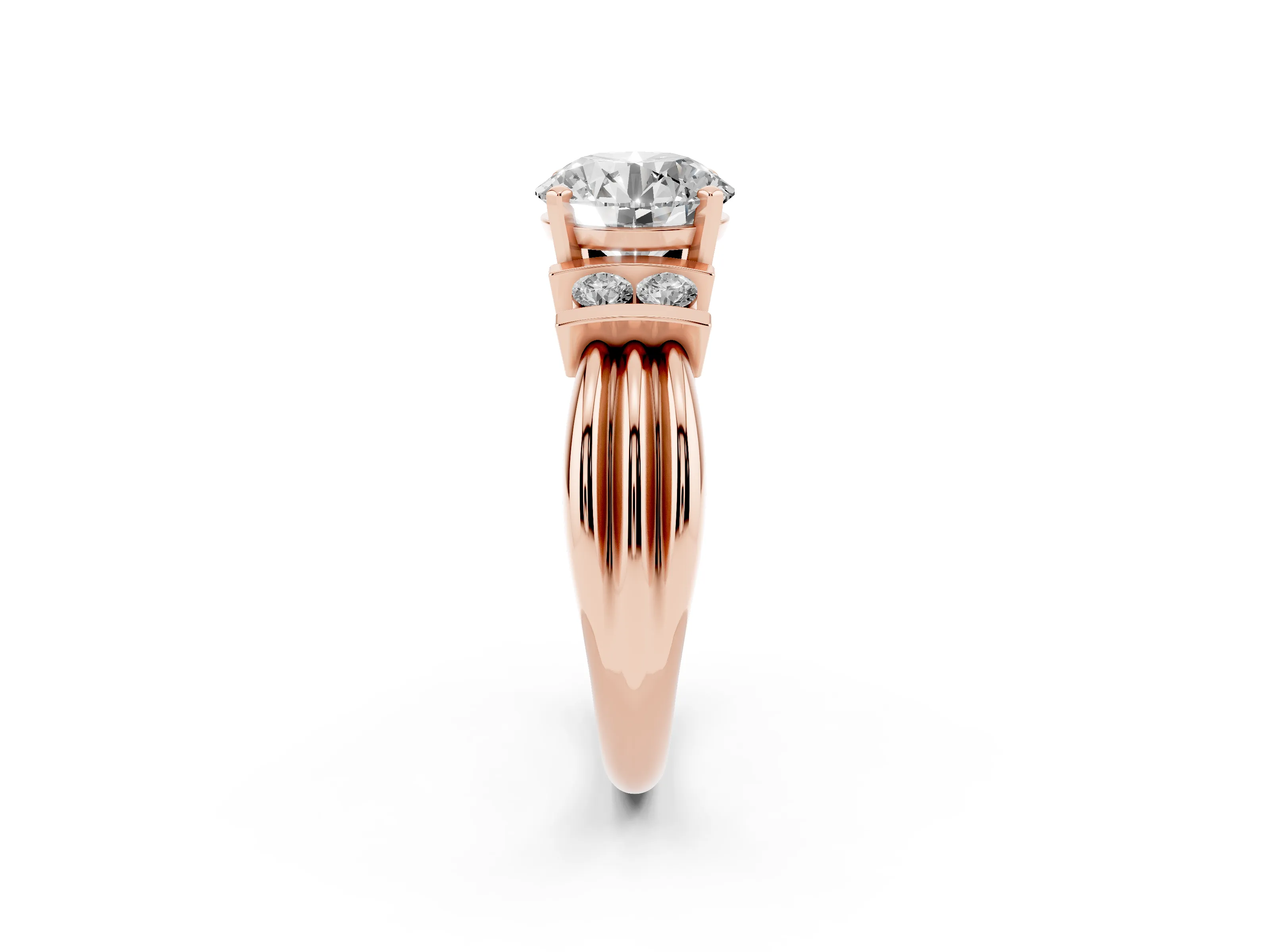 Three-Stone Round Cut Diamond Channel Set Ring Set in Rose gold with Bar Prongs