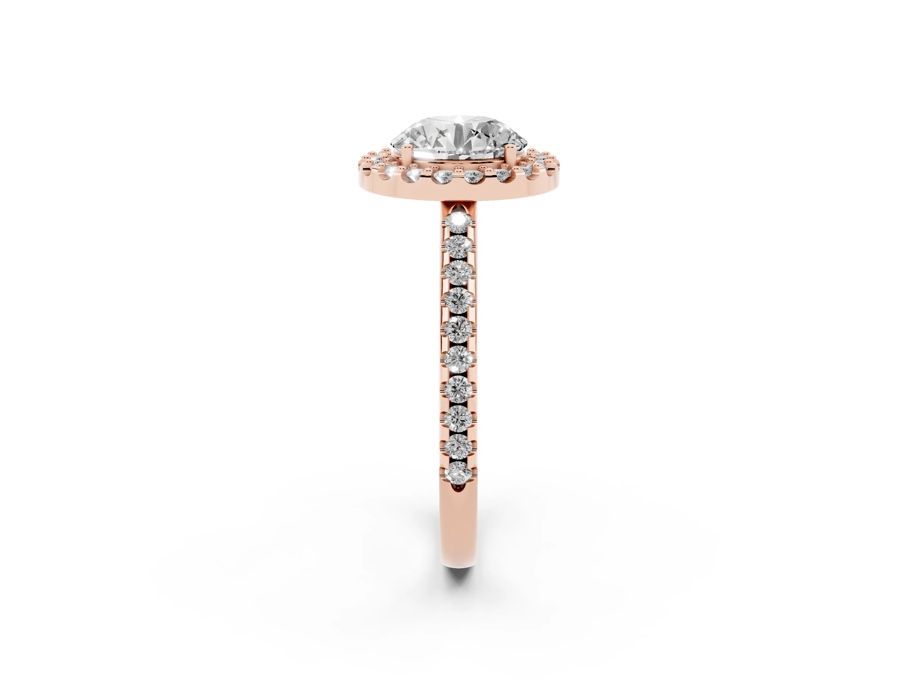 Round Cut Diamond Pavé Halo Ring Set in Rose gold with Prong Setting