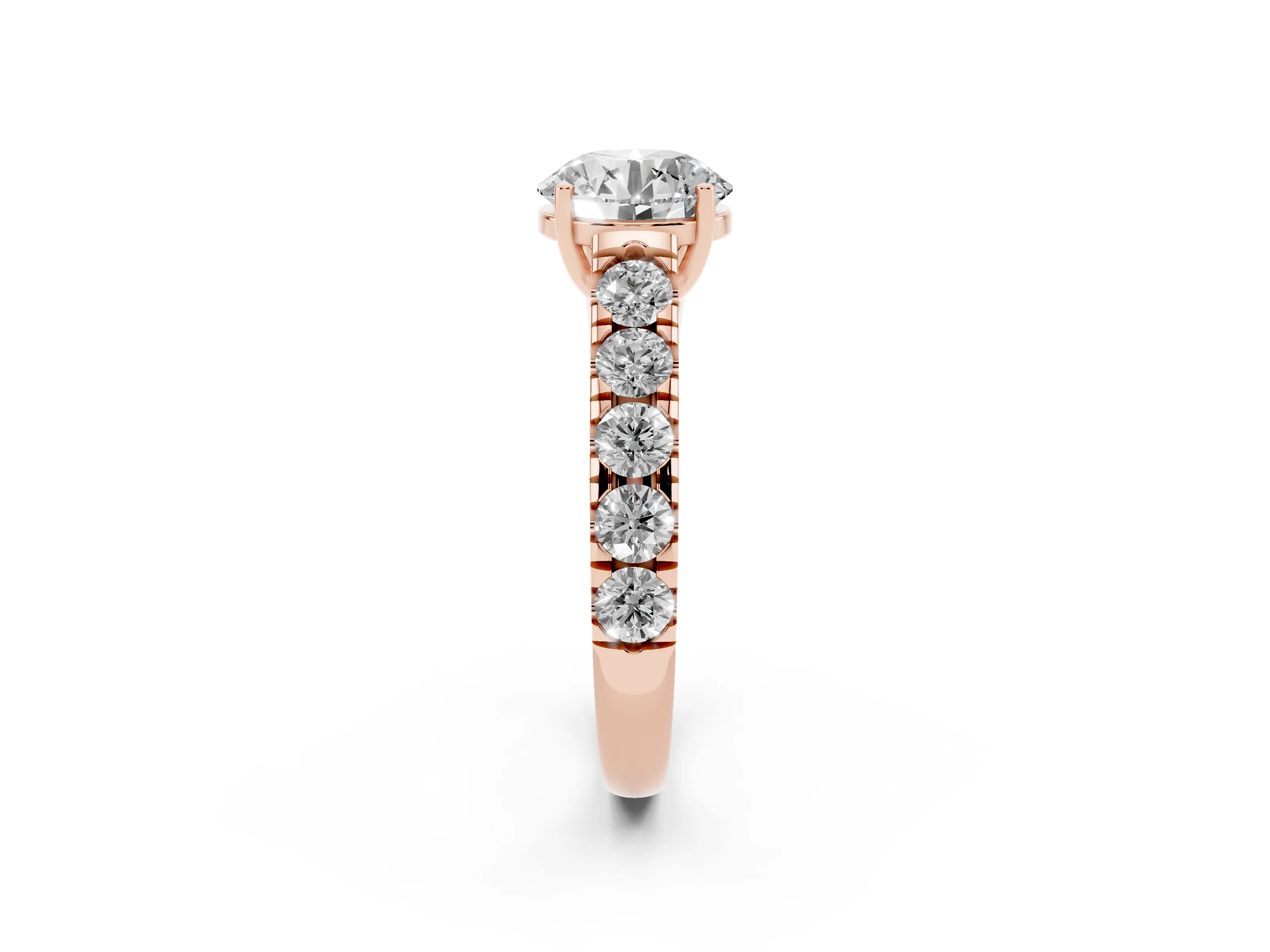 Round Cut Diamond Solitaire Ring Set in Rose gold with Cut-Down Micro Pavé Band and Prong Setting