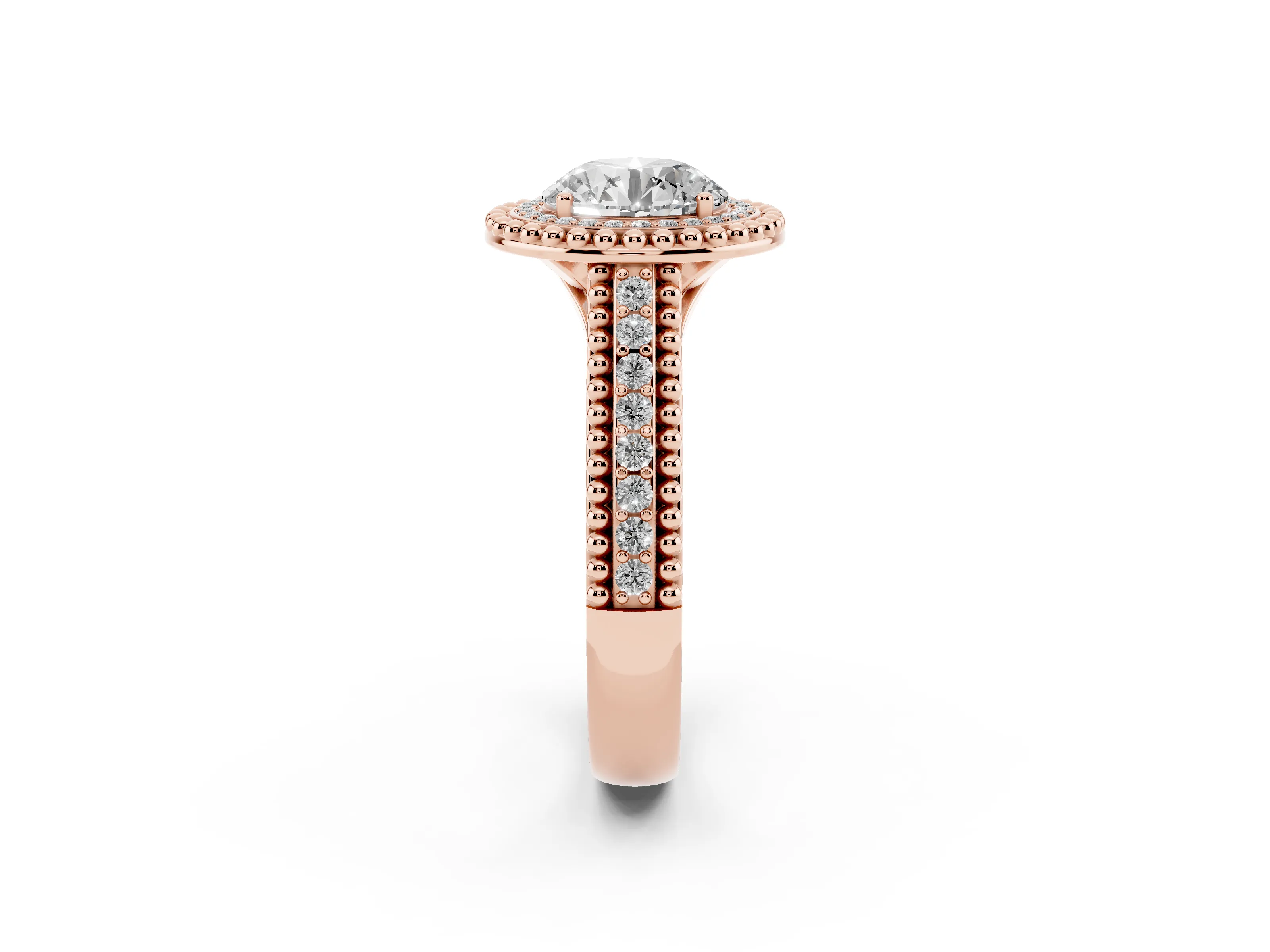 Round Cut Diamond Halo Ring Set in Rose gold with Beaded Split Shank and Prong Setting