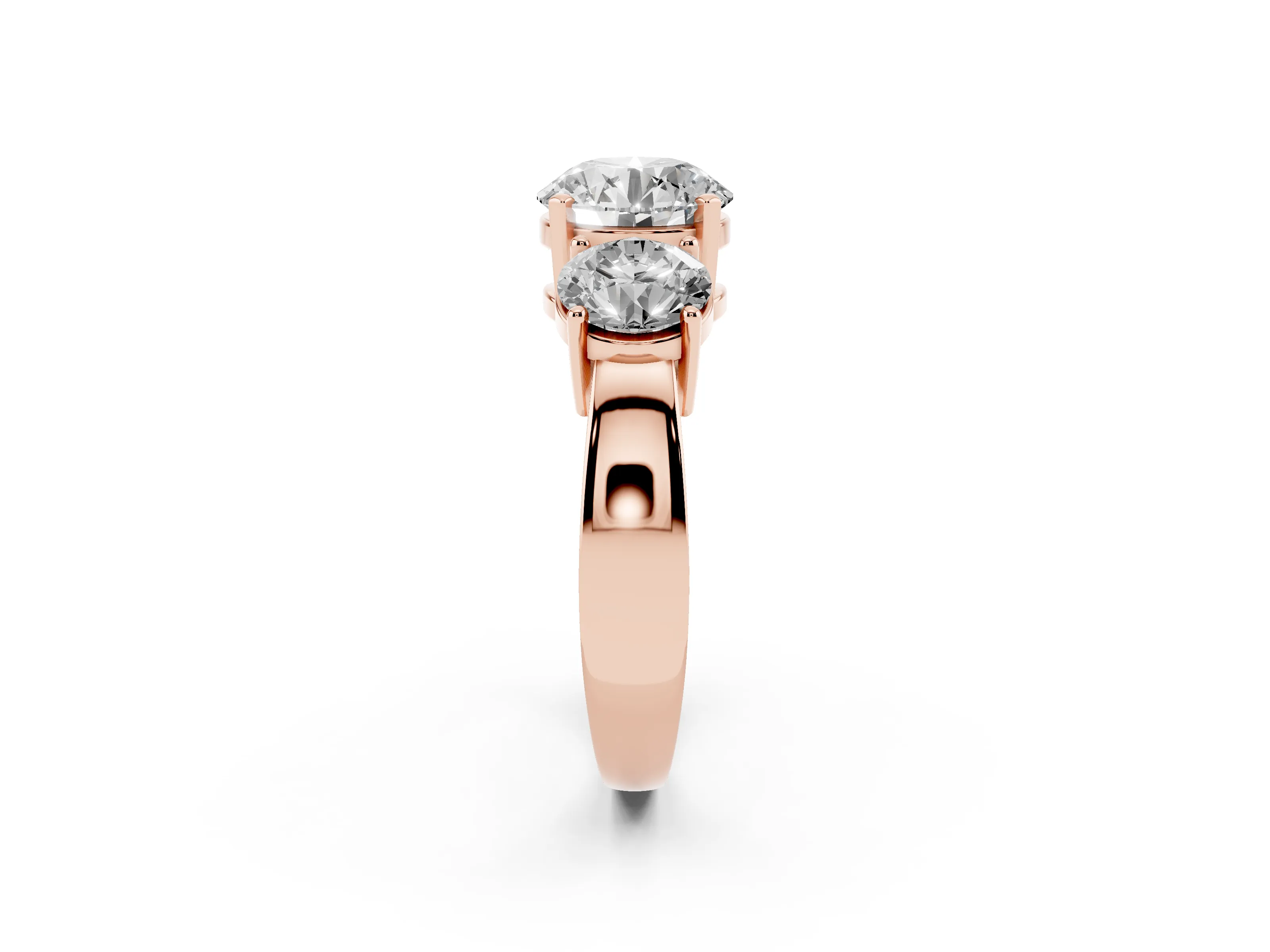Round Cut Diamond Three-Stone Ring Set in Rose gold with Round Side Stones and Classic Band