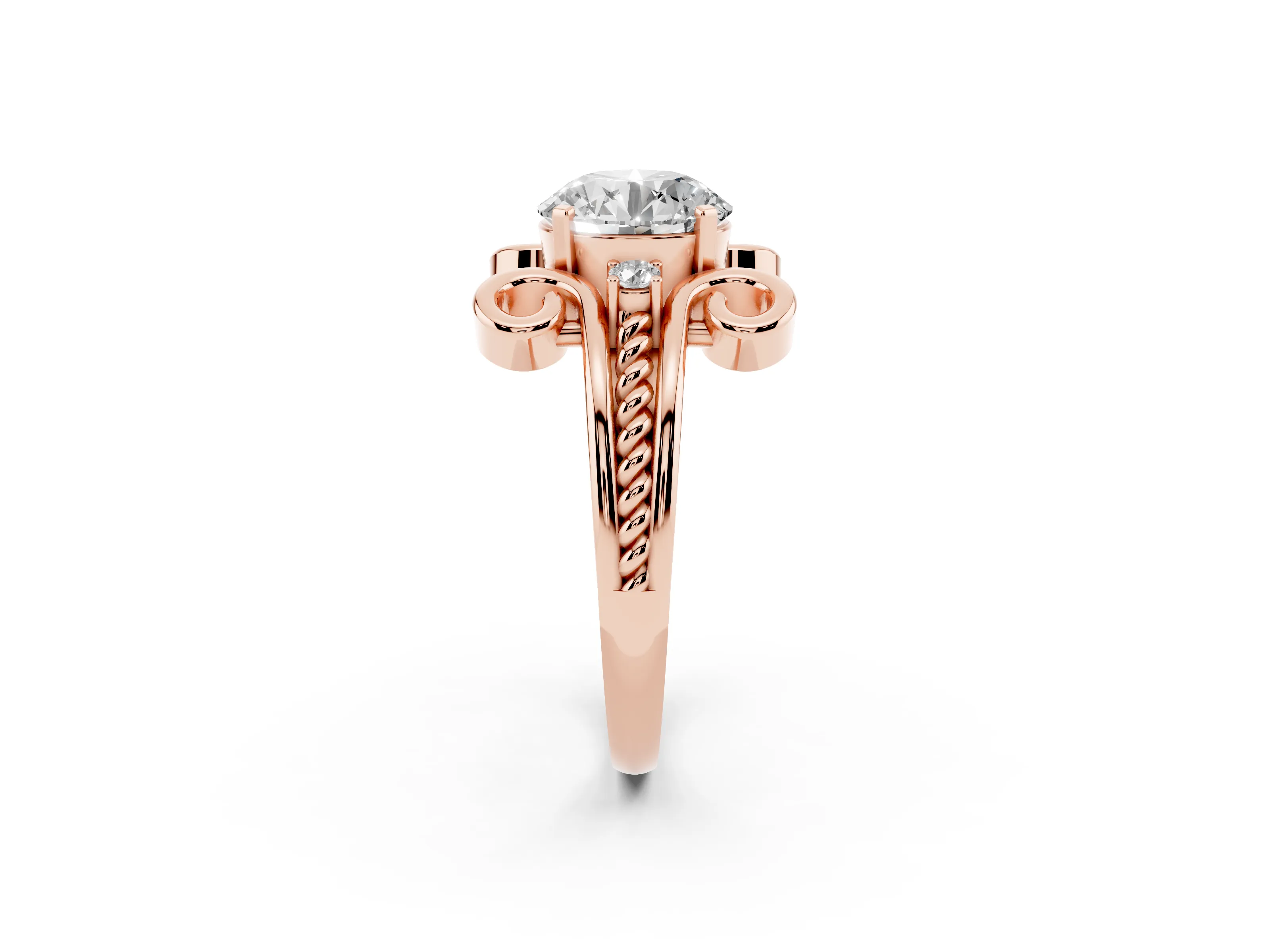 Round Cut Diamond Twisted Band Solitaire Ring Set in Rose gold with Scroll Prongs