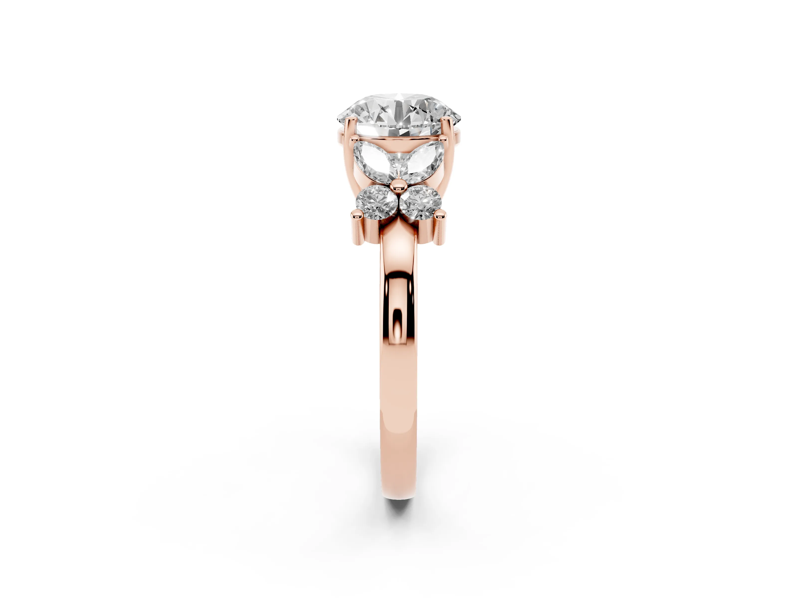 Round Cut Diamond Floral Cluster Ring Set in Rose gold with Marquise Petals and Prong Setting