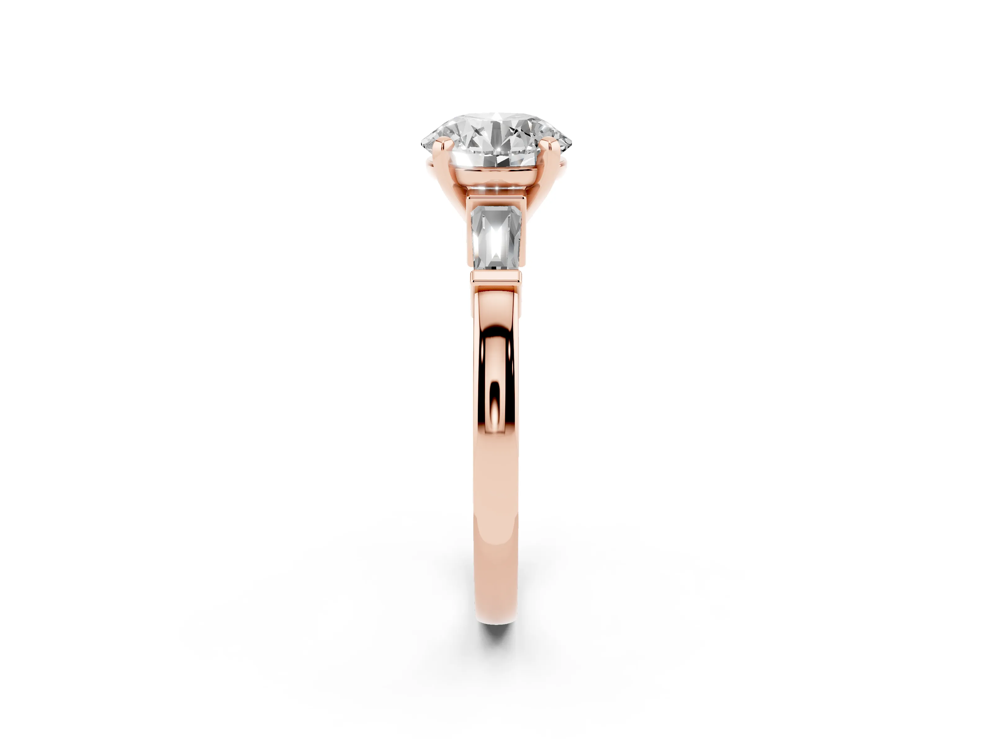 Round Cut Diamond Solitaire Ring Set in Rose gold with Tapered Baguette Accents and Prong Setting