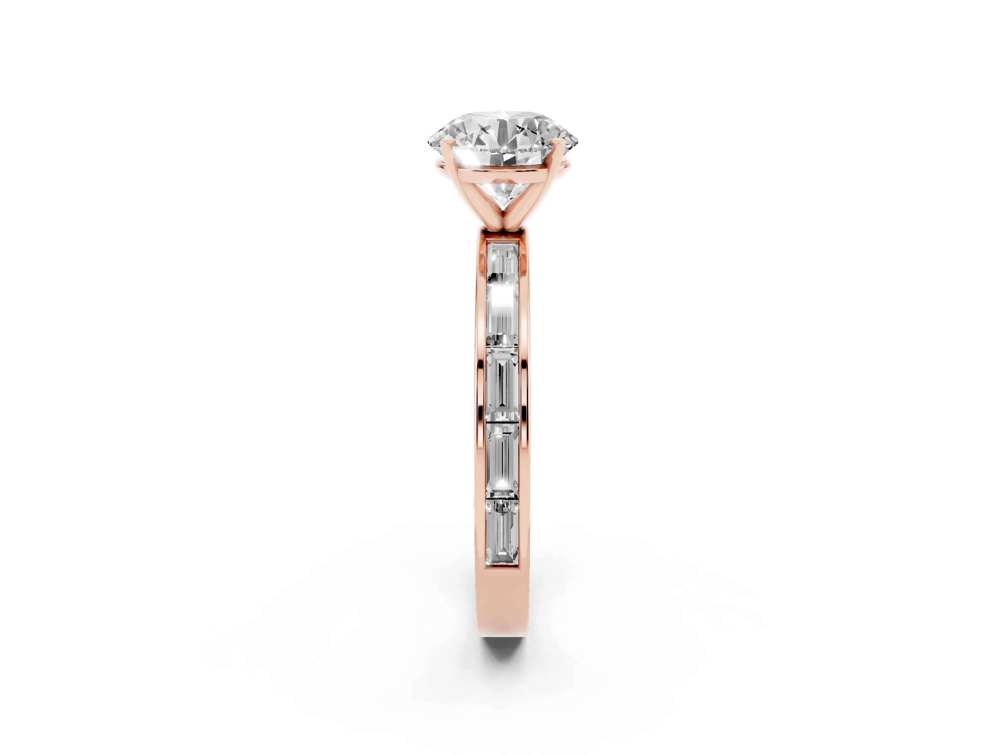Round Cut Diamond Solitaire Ring Set in Rose gold with Channel-Set Baguette Band and Prong Setting