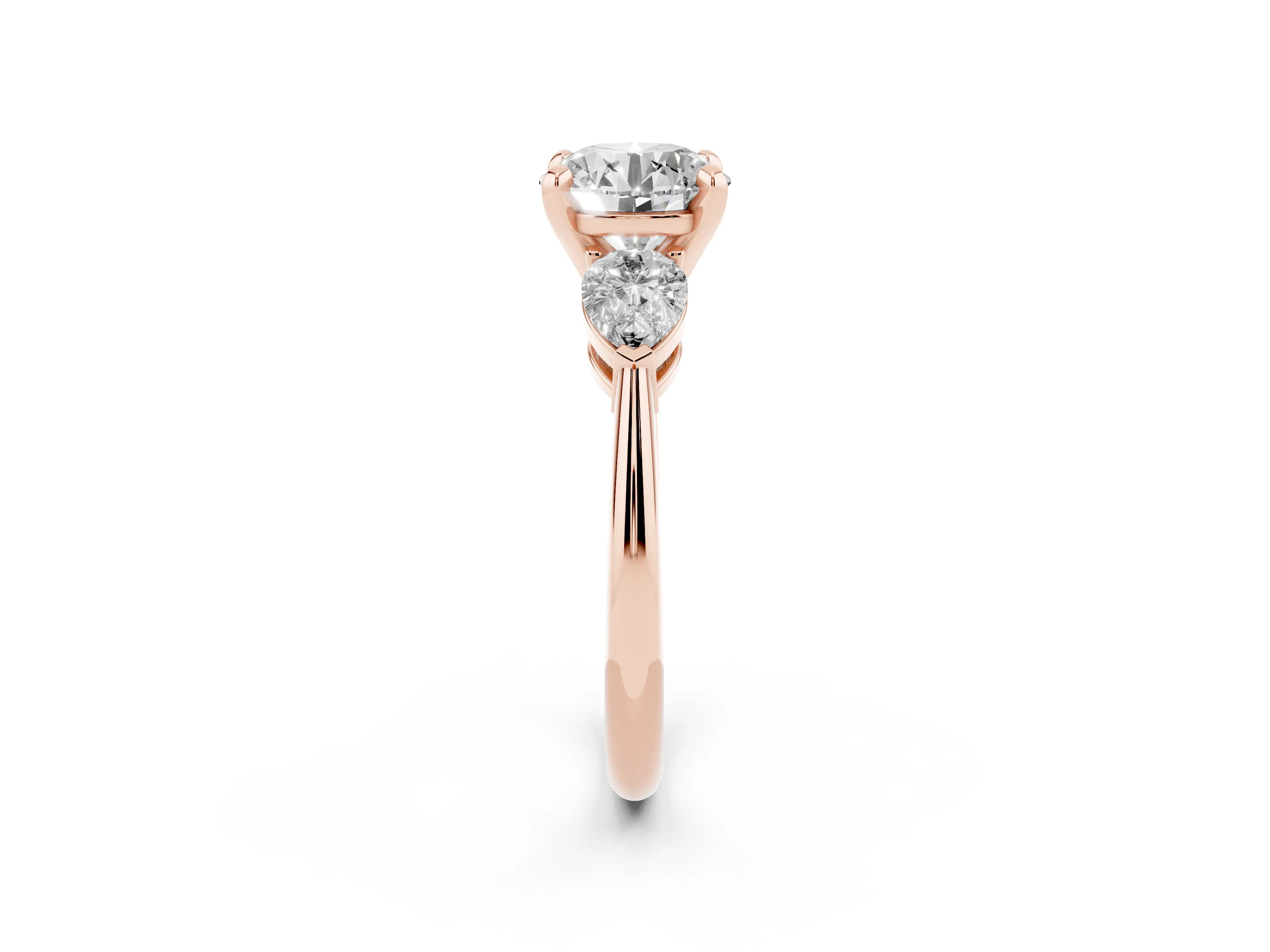 Three-Stone Round Cut Diamond Ring Set in Rose gold with Pear Side Stones and Prong Setting