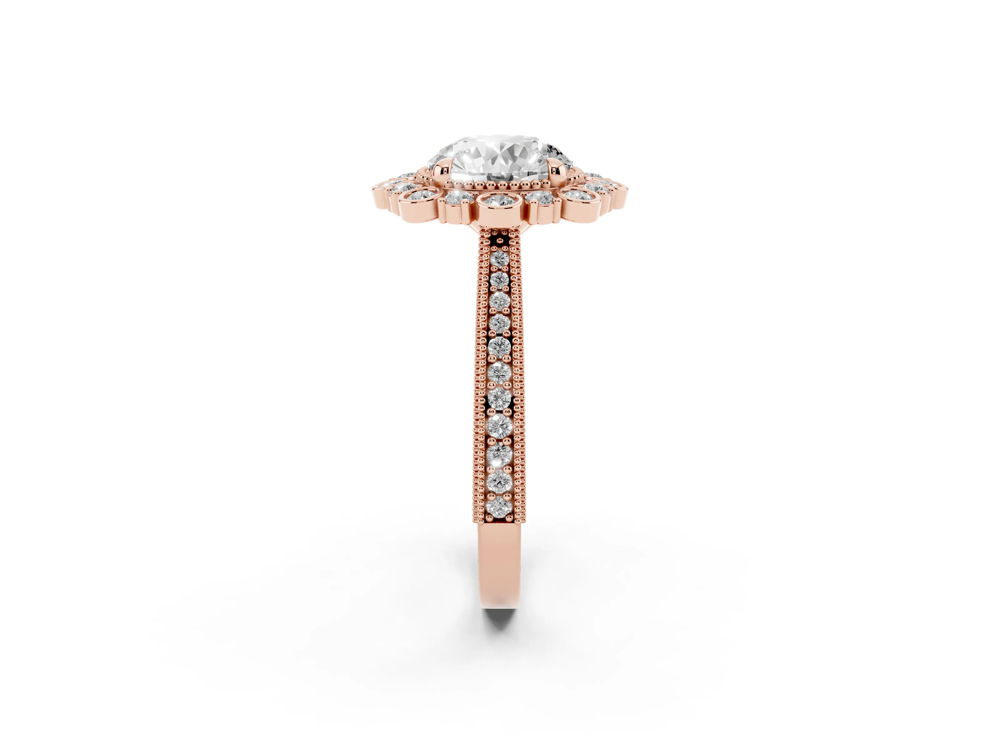 Round Cut Diamond Halo Milgrain Pavé Ring Set in Rose gold with Prong Setting