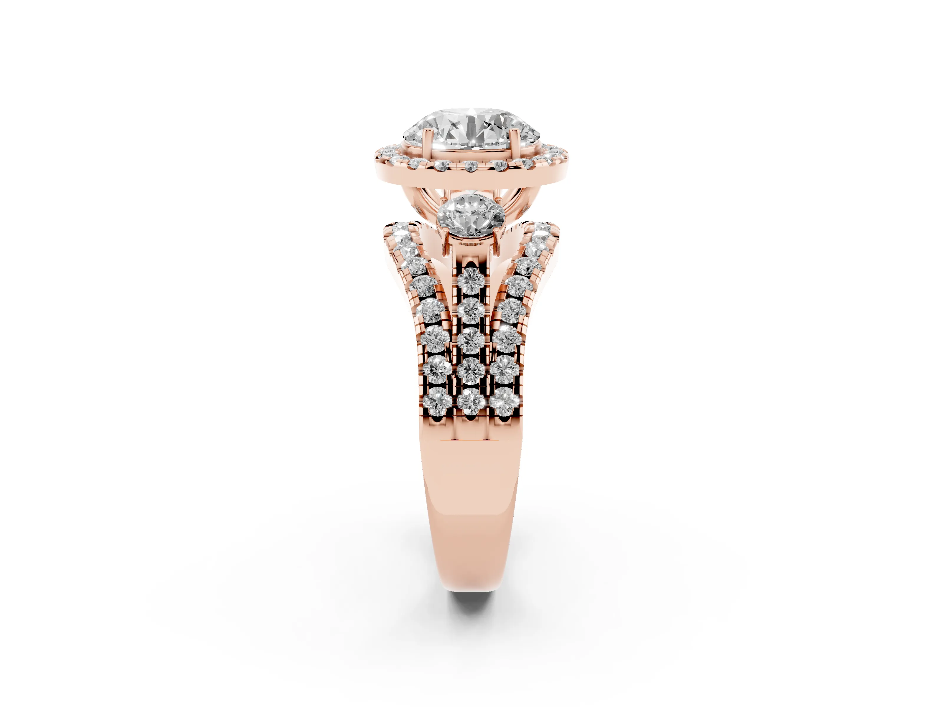 Round Cut Diamond Halo Split Shank Ring Set in Rose gold with Round Accent Stones and Prong Setting