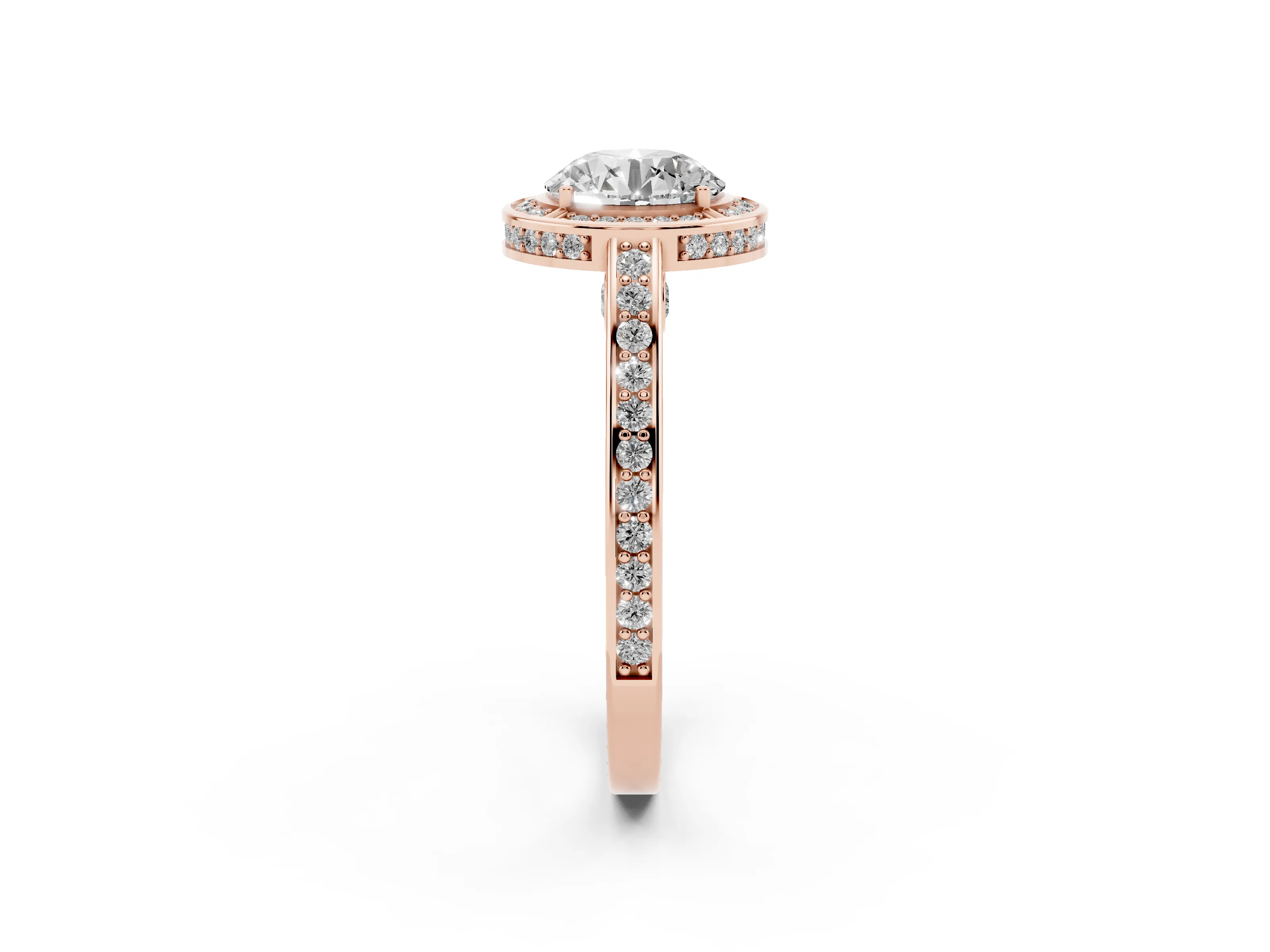 Round Cut Diamond Halo Pavé Split Shank Ring Set in Rose gold with Prong Setting