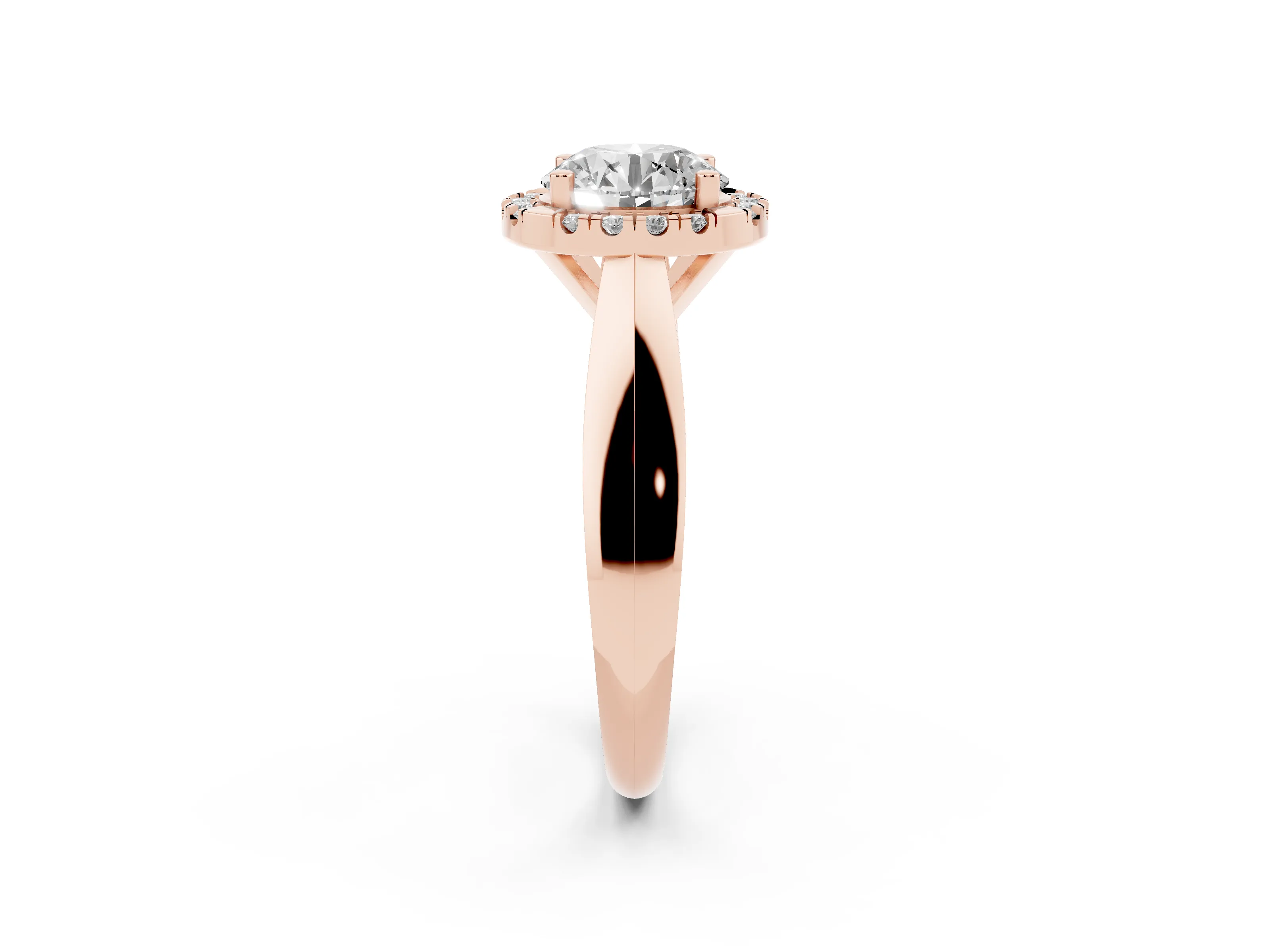 Round Cut Diamond Halo Solitaire Engagement Ring Set in Rose gold with Square Band and Prong Setting