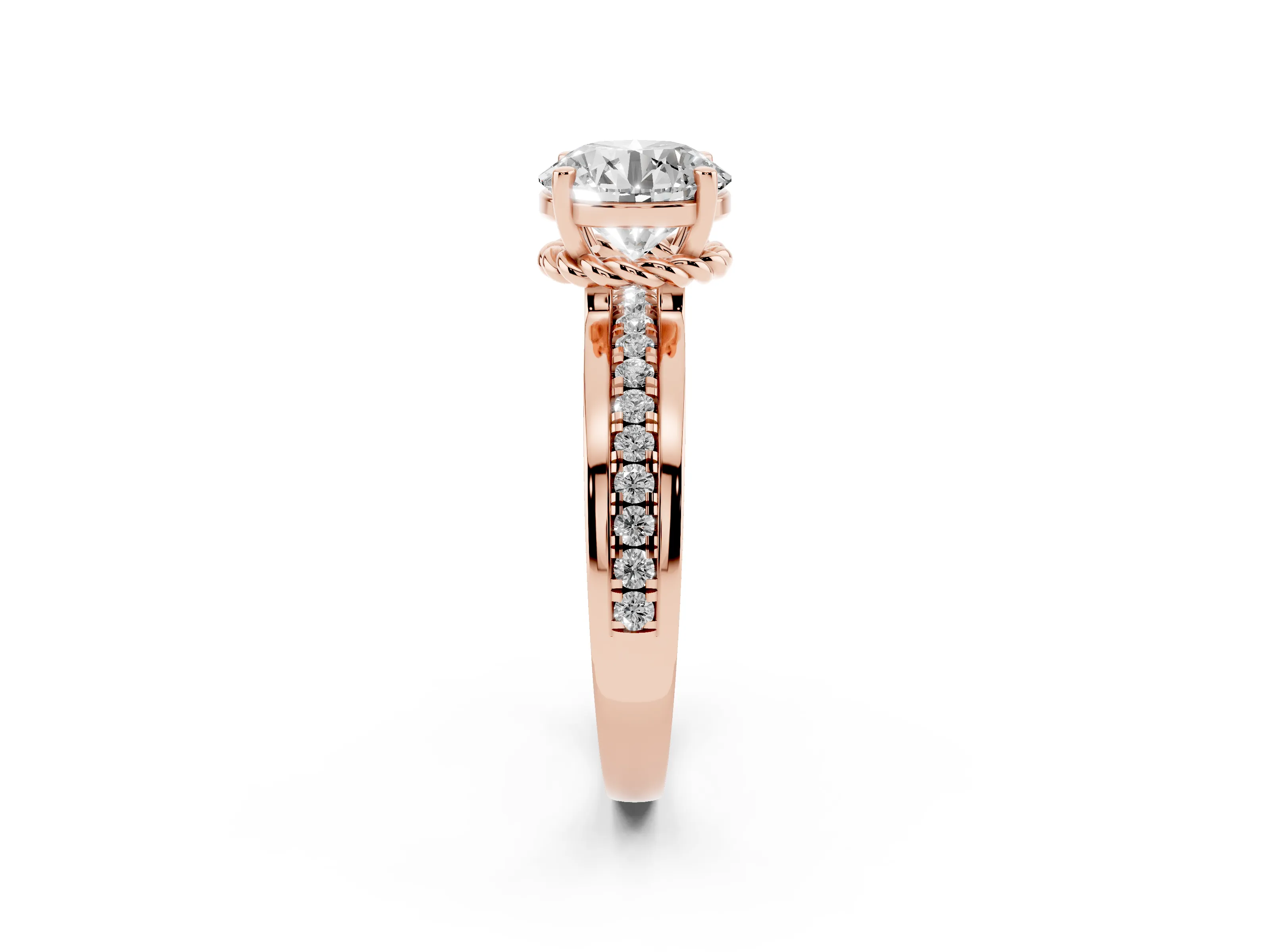 Round Cut Diamond Solitaire Ring Set in Rose gold with Channel Set Band and Prong Setting
