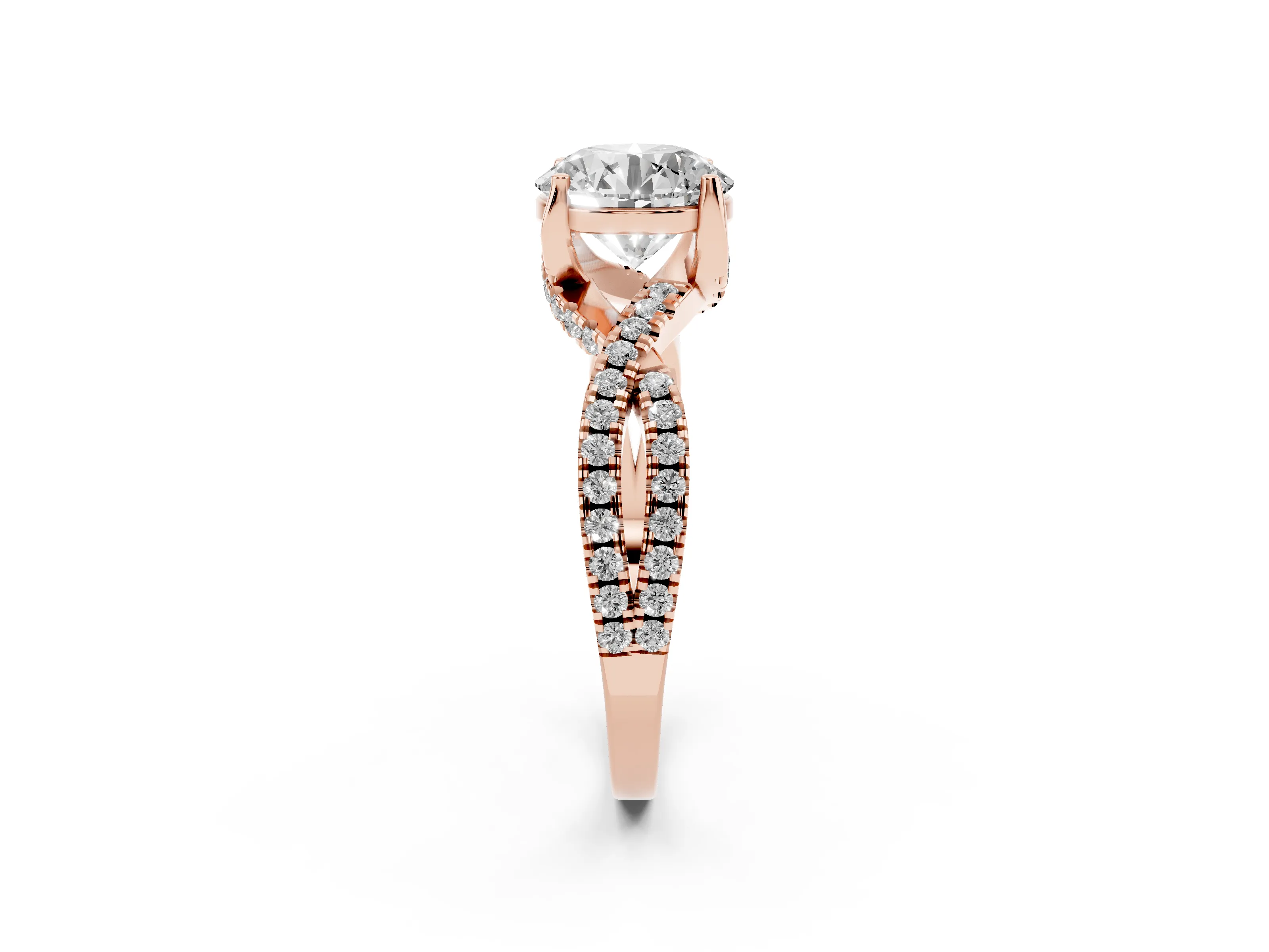 Round Cut Diamond Twist Pavé Solitaire Engagement Ring Set in Rose gold with Prong Setting