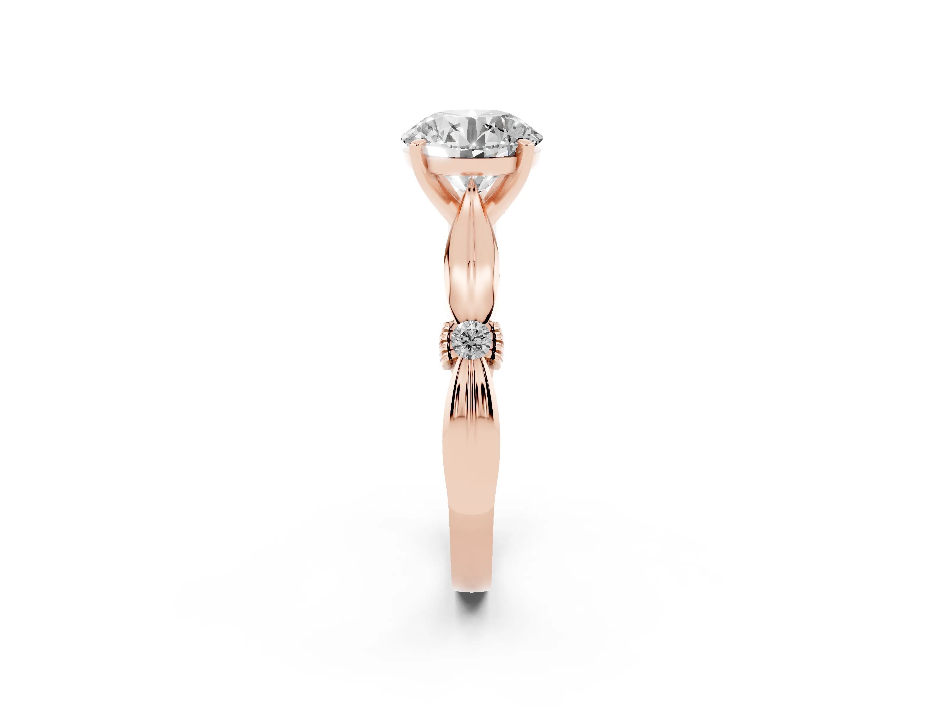 Round Cut Diamond Solitaire Twisted Band Ring Set in Rose gold with Accent Stones and Prong Setting