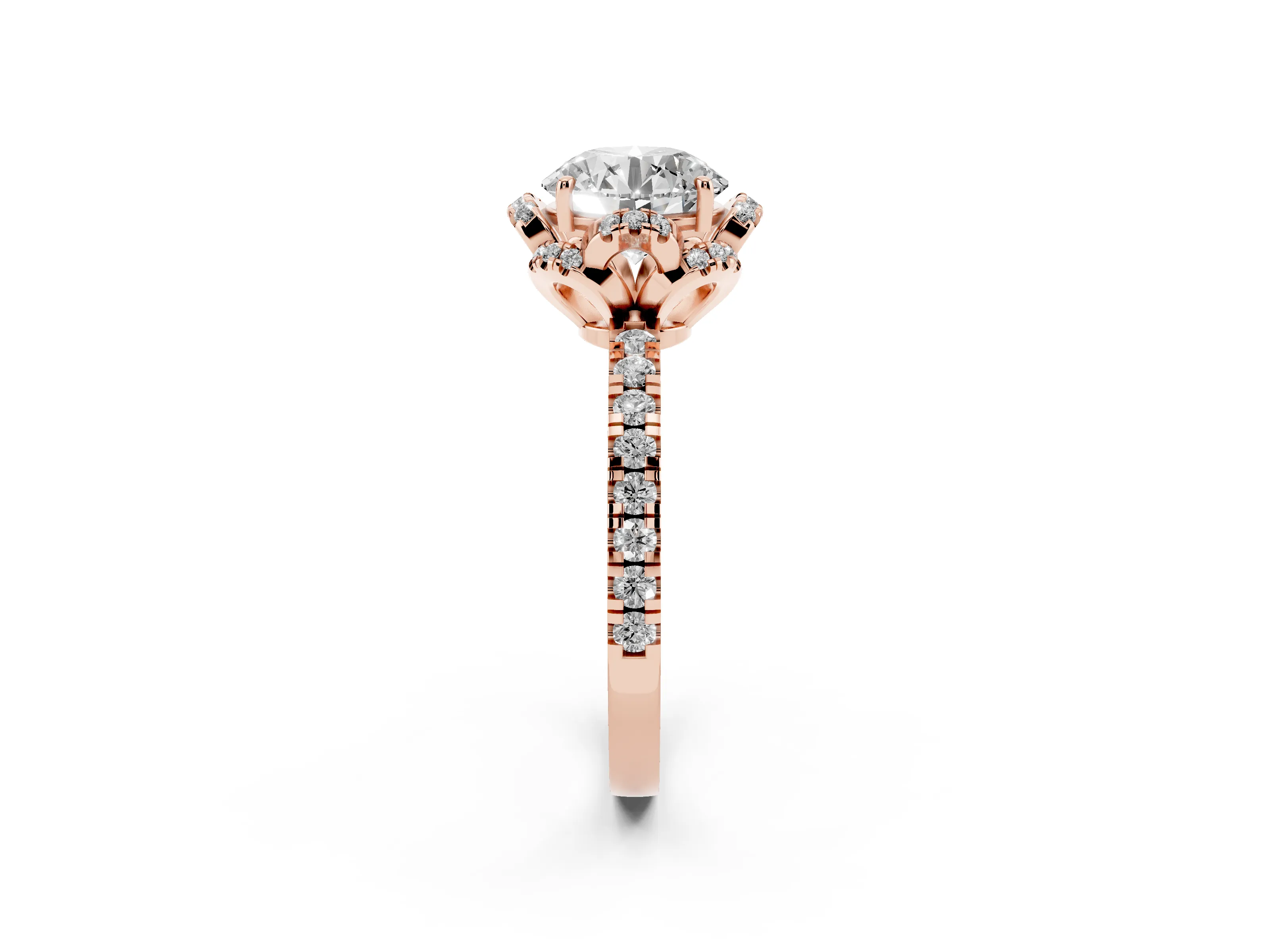 Round Cut Diamond Halo Pavé Band Ring Set in Rose gold with Prong-Held Center