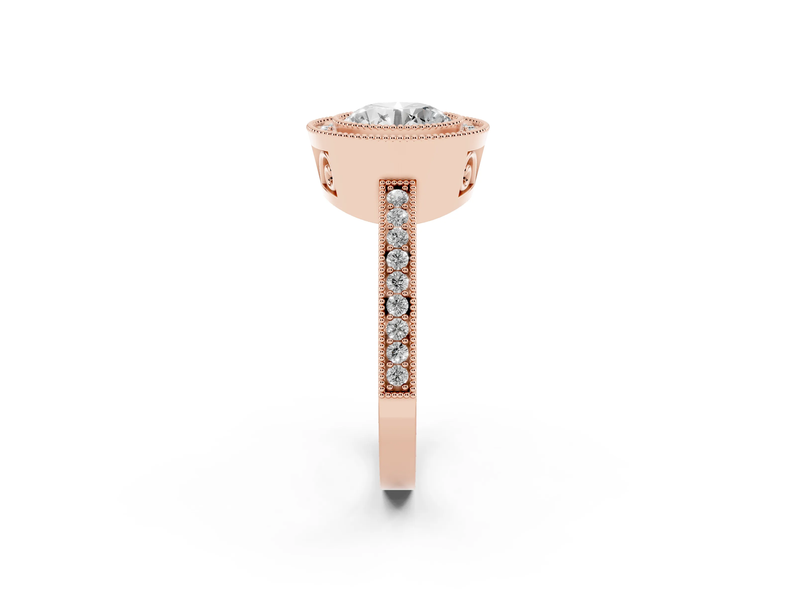 Round Cut Diamond Round Halo Ring Set in Rose gold with Pavé Band