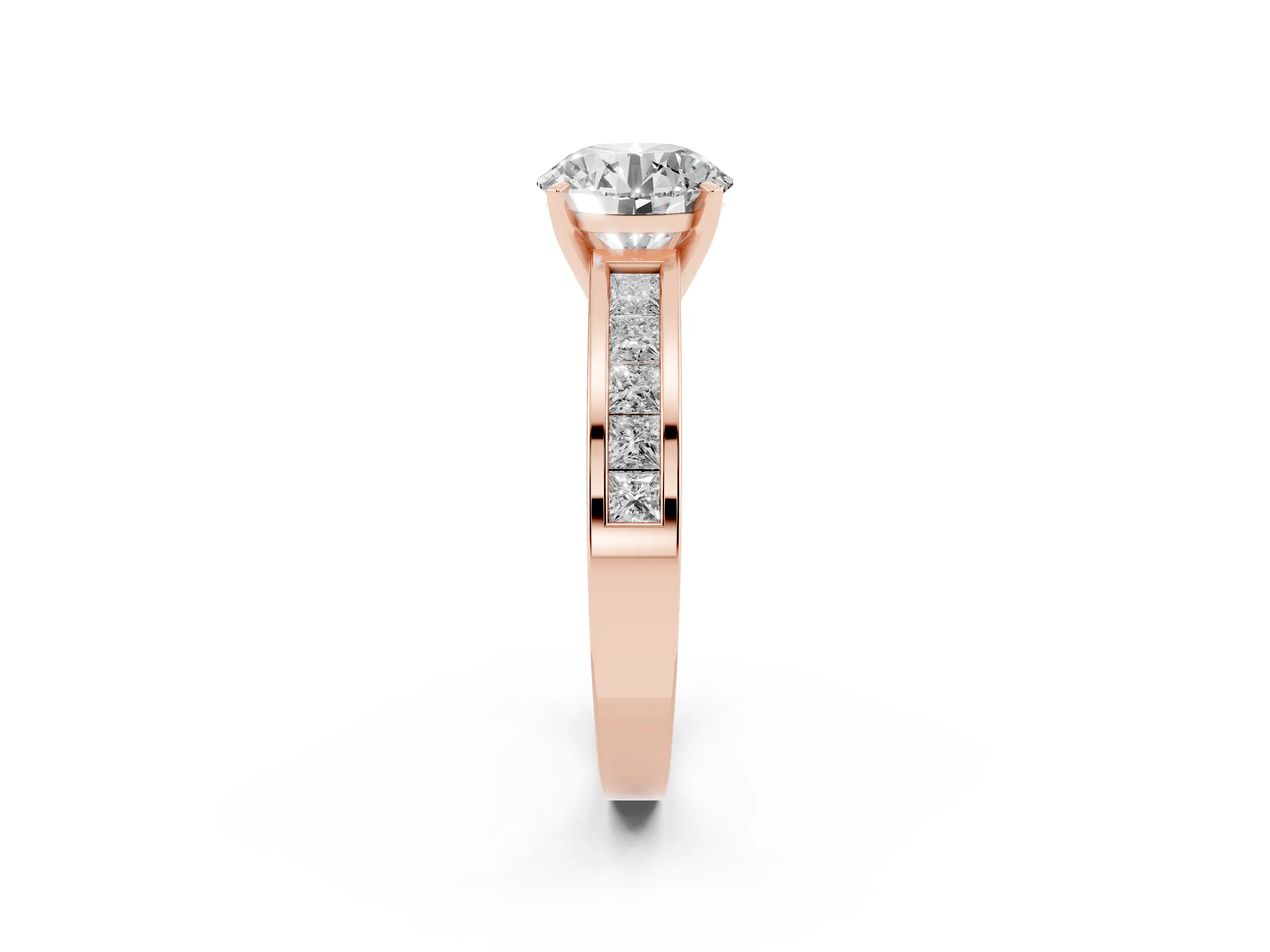 Round Cut Diamond Solitaire Ring Set in Rose gold with Channel-Set Band and Prong Setting