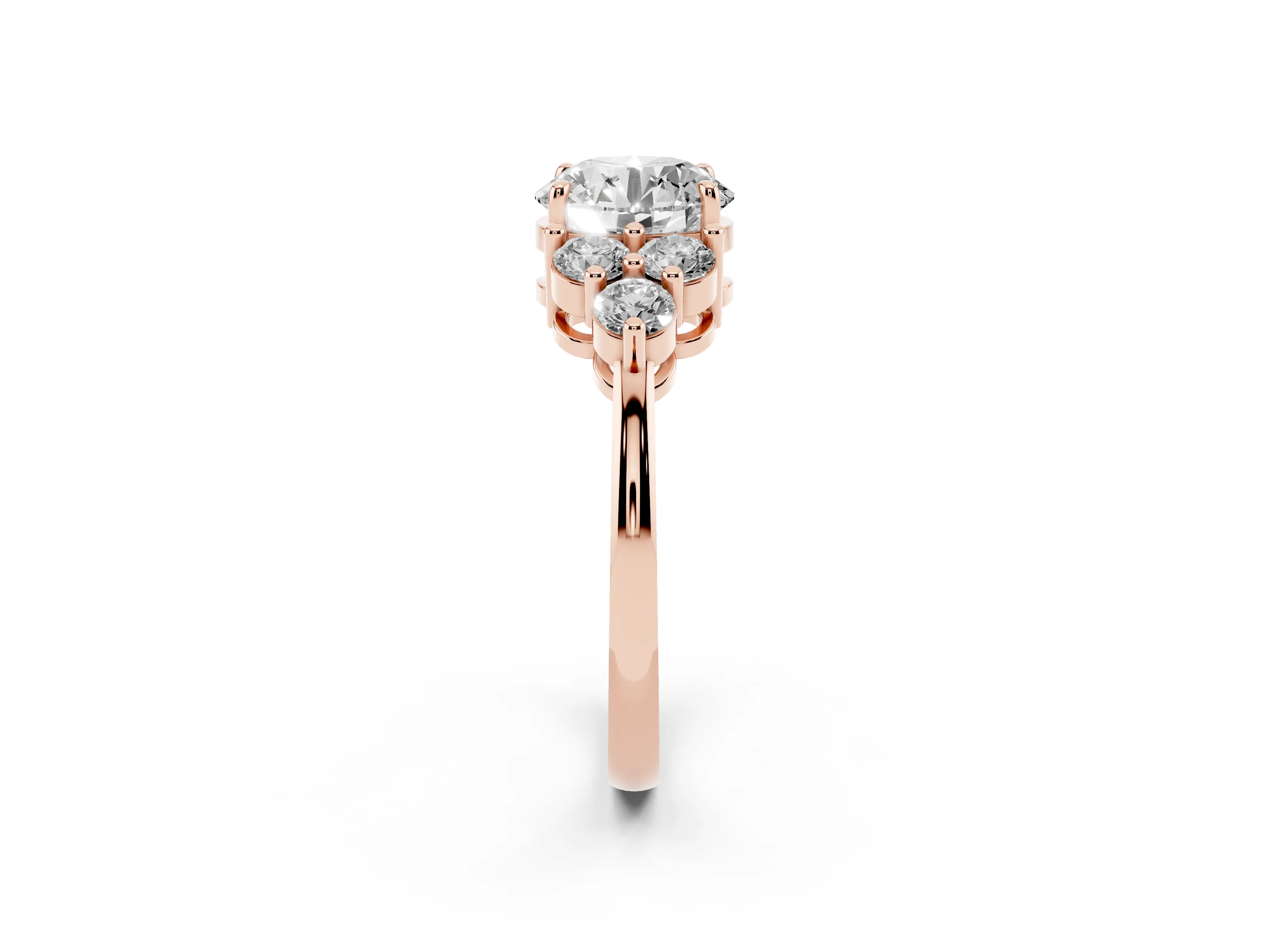 Round Cut Diamond Solitaire Ring Set in Rose gold with Cluster Accents on Each Side