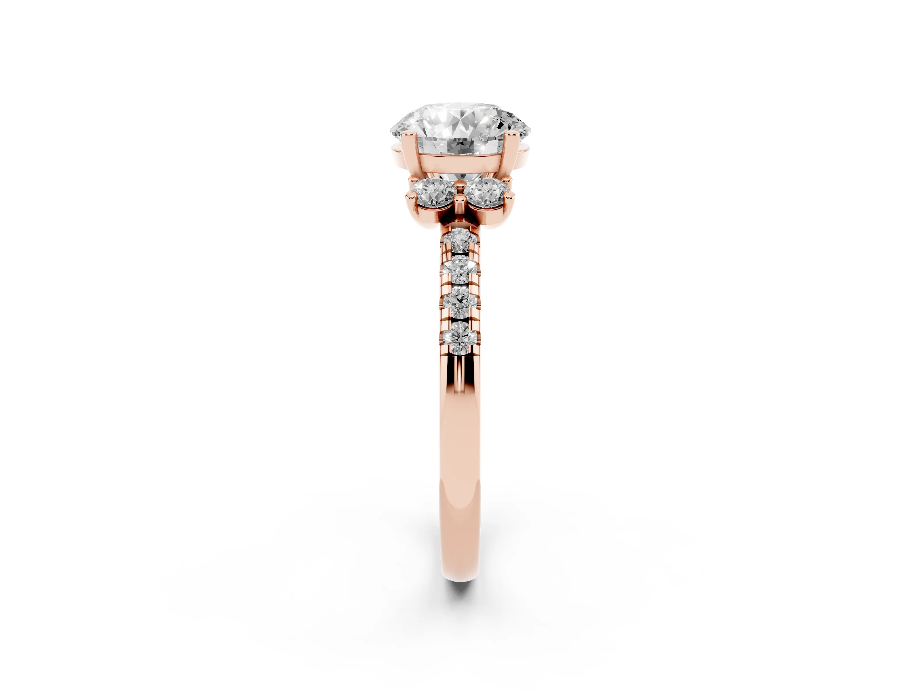 Round Cut Diamond Three-Stone Pavé Ring Set in Rose gold with Prong Setting