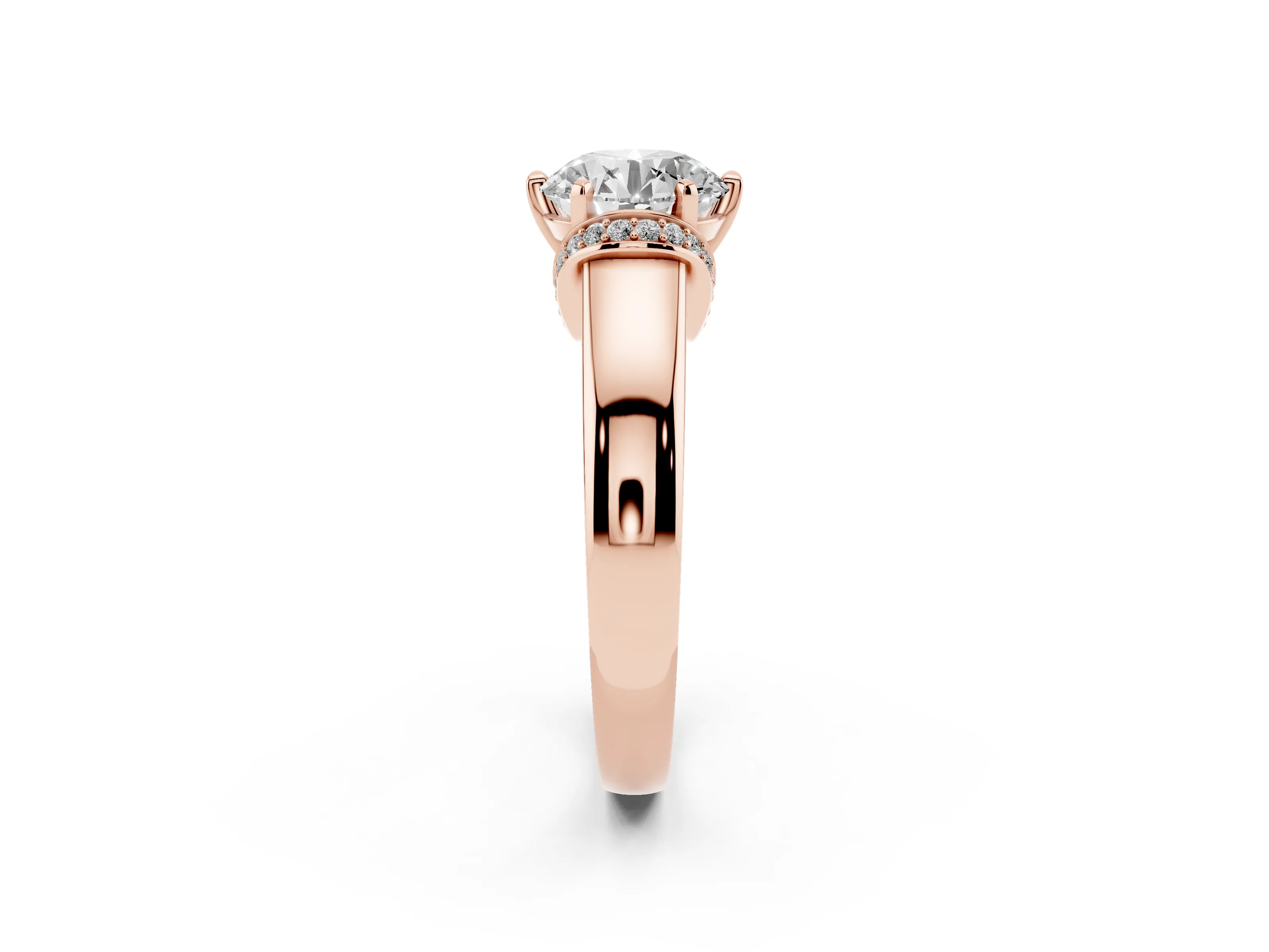 Round Cut Diamond Pavé Band Solitaire Ring Set in Rose gold with Prong Setting