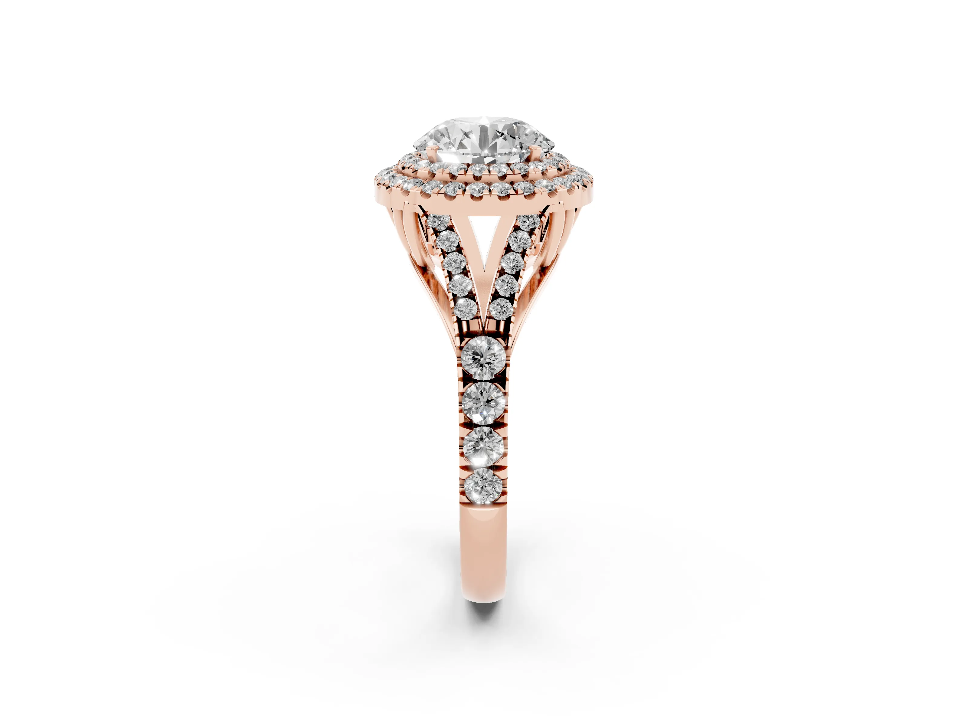 Round Cut Diamond Pavé Split Shank Double Halo Engagement Ring Set in Rose gold