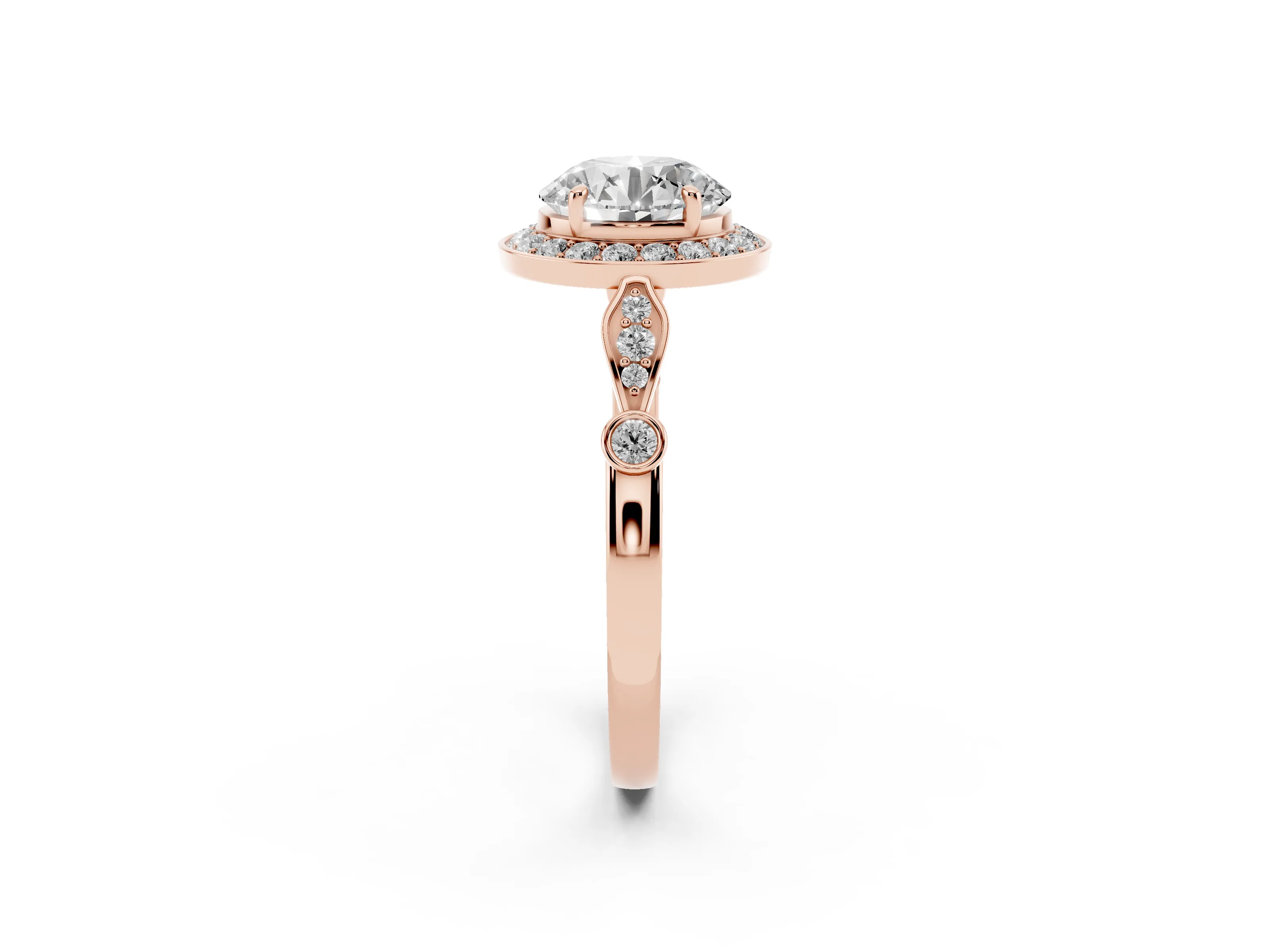 Round Cut Diamond Halo Engagement Ring Set in Rose gold with Twisted Band and Prong Setting