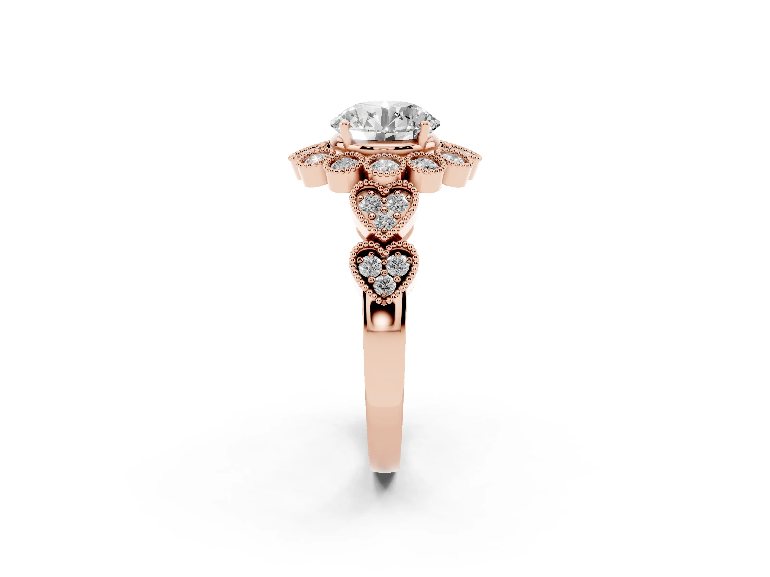 Round Cut Diamond Solitaire Ring Set in Rose gold with Milgrain Pavé Heart Band