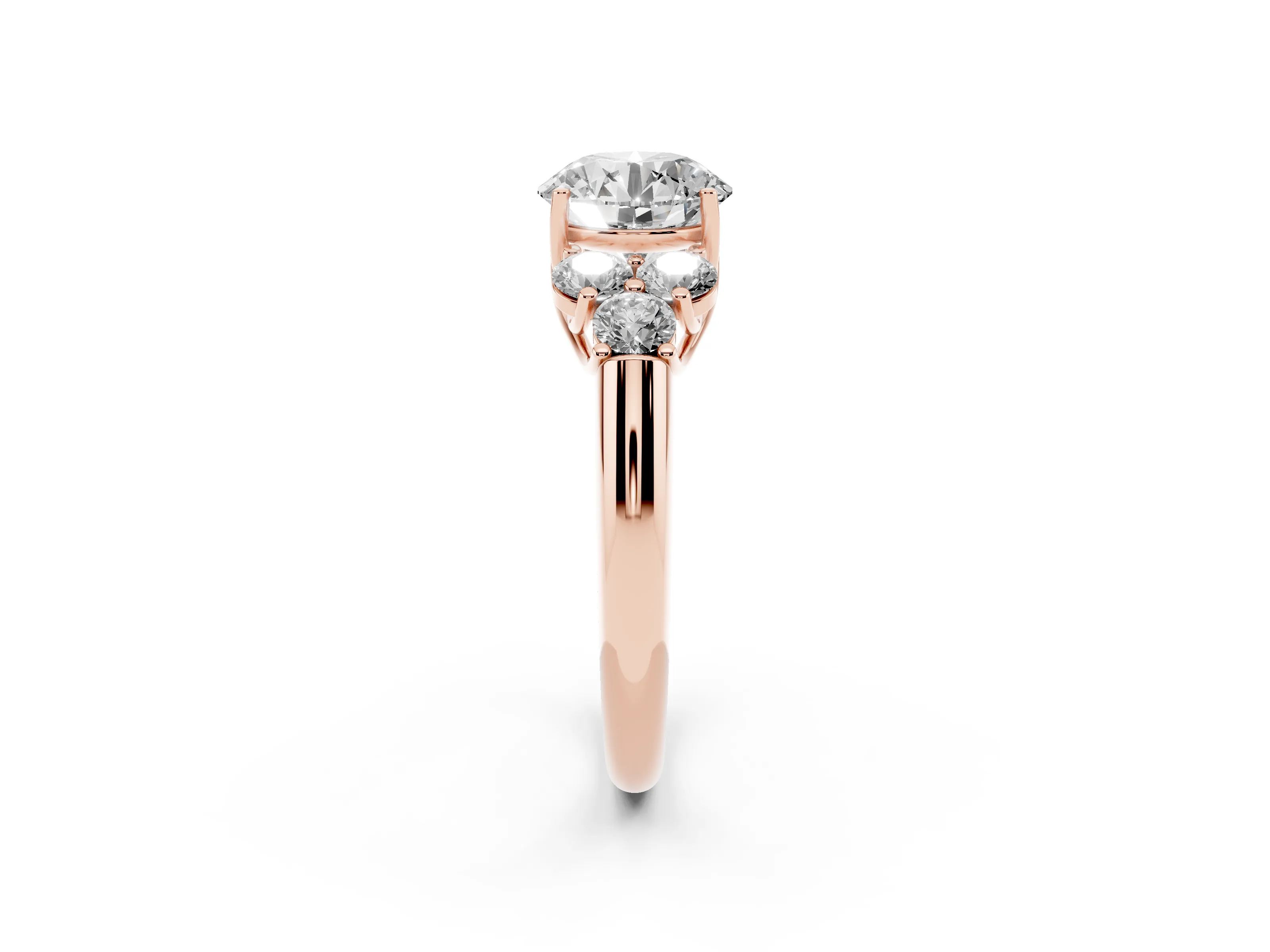 Round Cut Diamond Cluster Ring Set in Rose gold with Round Accent Stones and Prong Setting on a Plain Band
