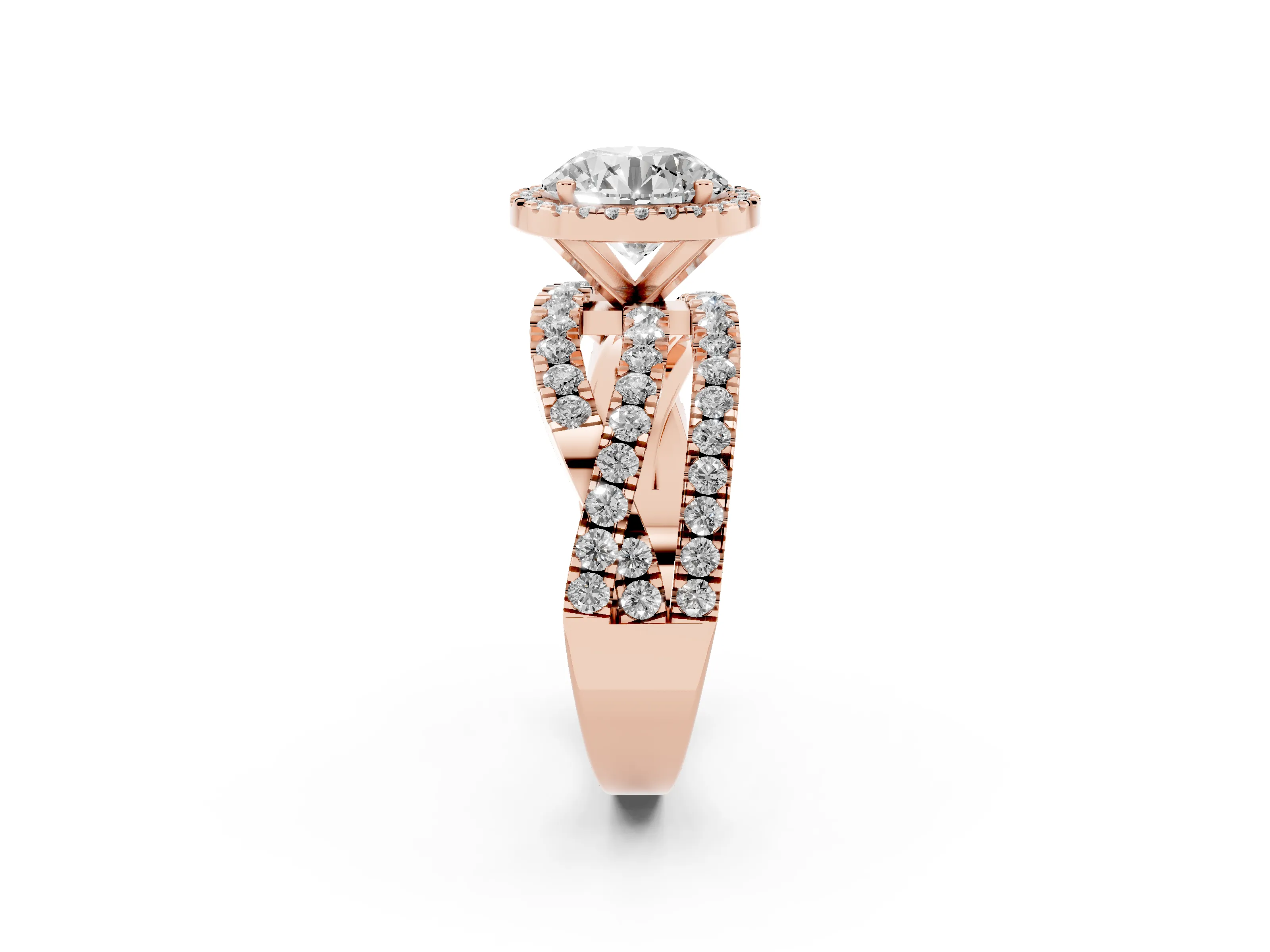 Round Cut Diamond Halo Ring Set in Rose gold with Round Crossover Split Shank and Prong Setting