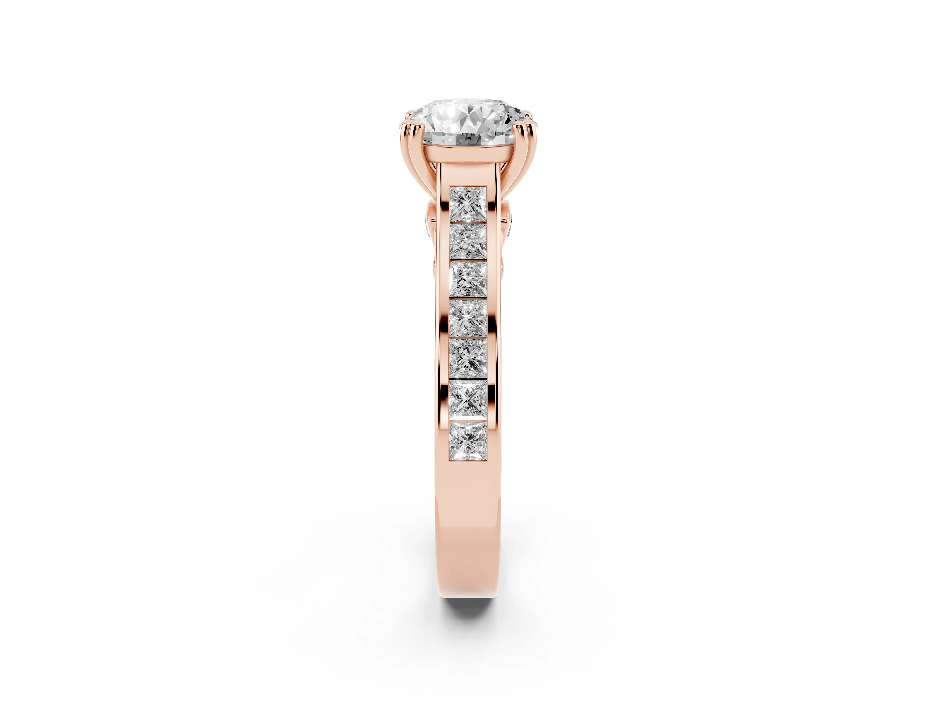 Round Cut Diamond Channel Set Solitaire Engagement Ring Set in Rose gold with Prong Setting