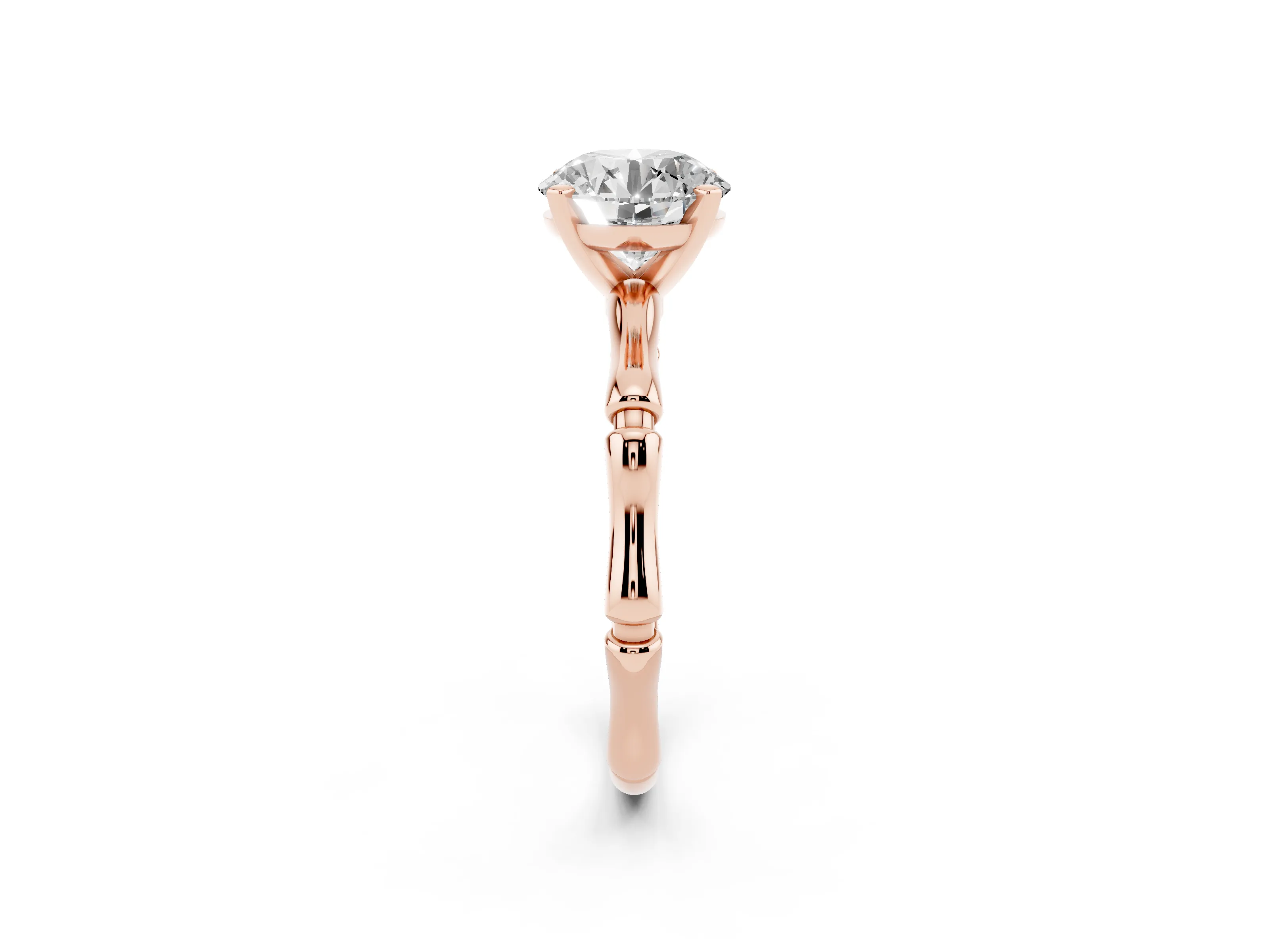 Round Cut Diamond Solitaire Ring Set in Rose gold with Bamboo Band and Prong Setting